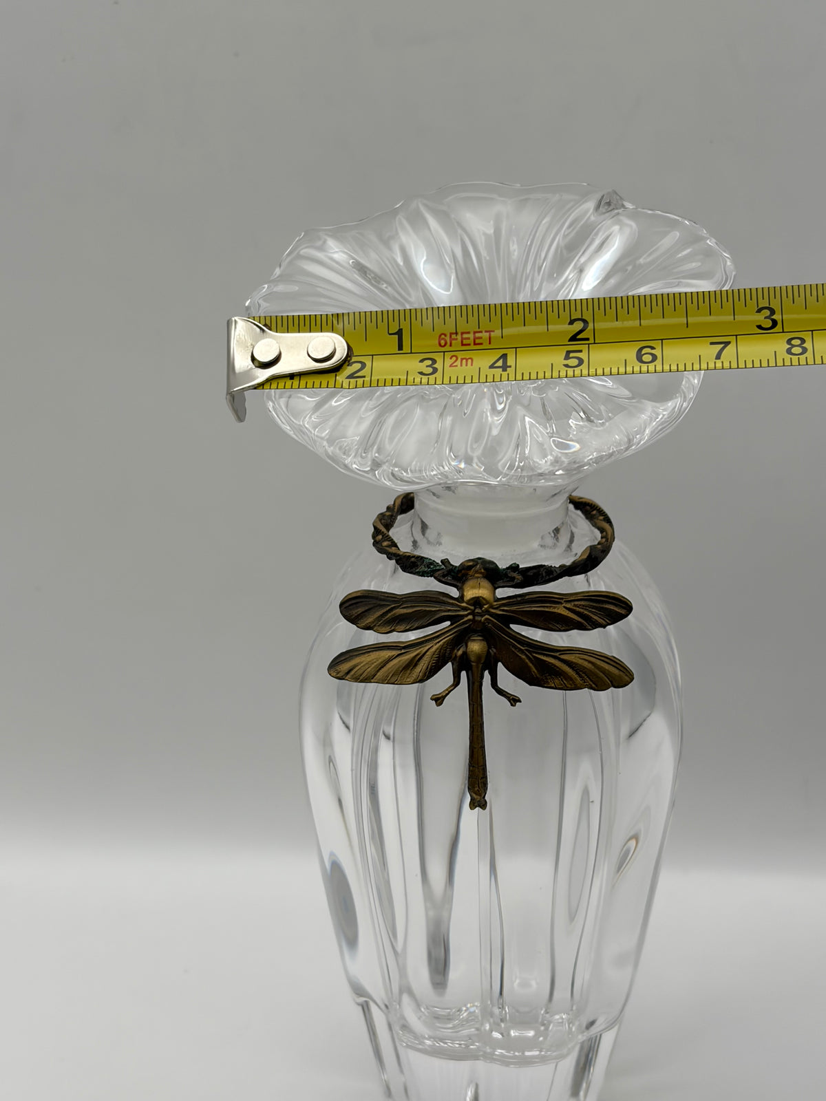 Decorative Clear Glass Perfume Bottle with Flower Stopper & Dragonfly Accent