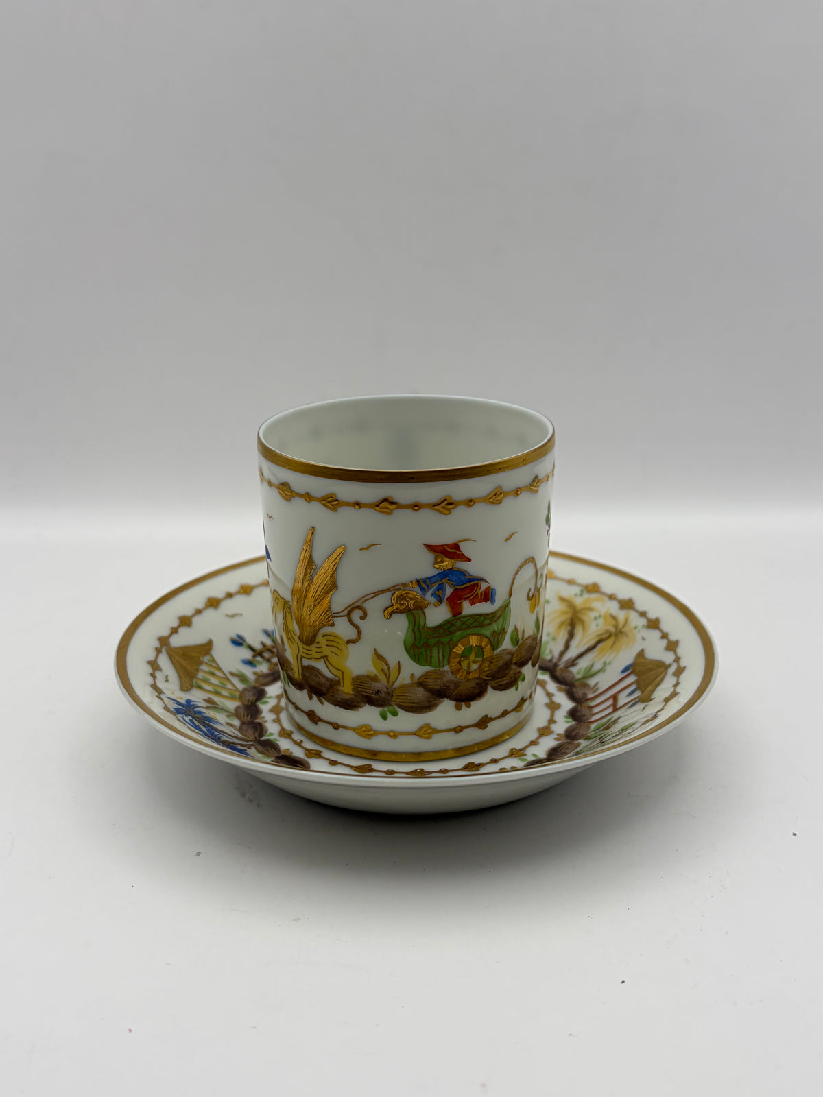 Tiffany & Co Porcelain Cup & Saucer Set, Painted Floral/Bird, White Gold Trim Handle