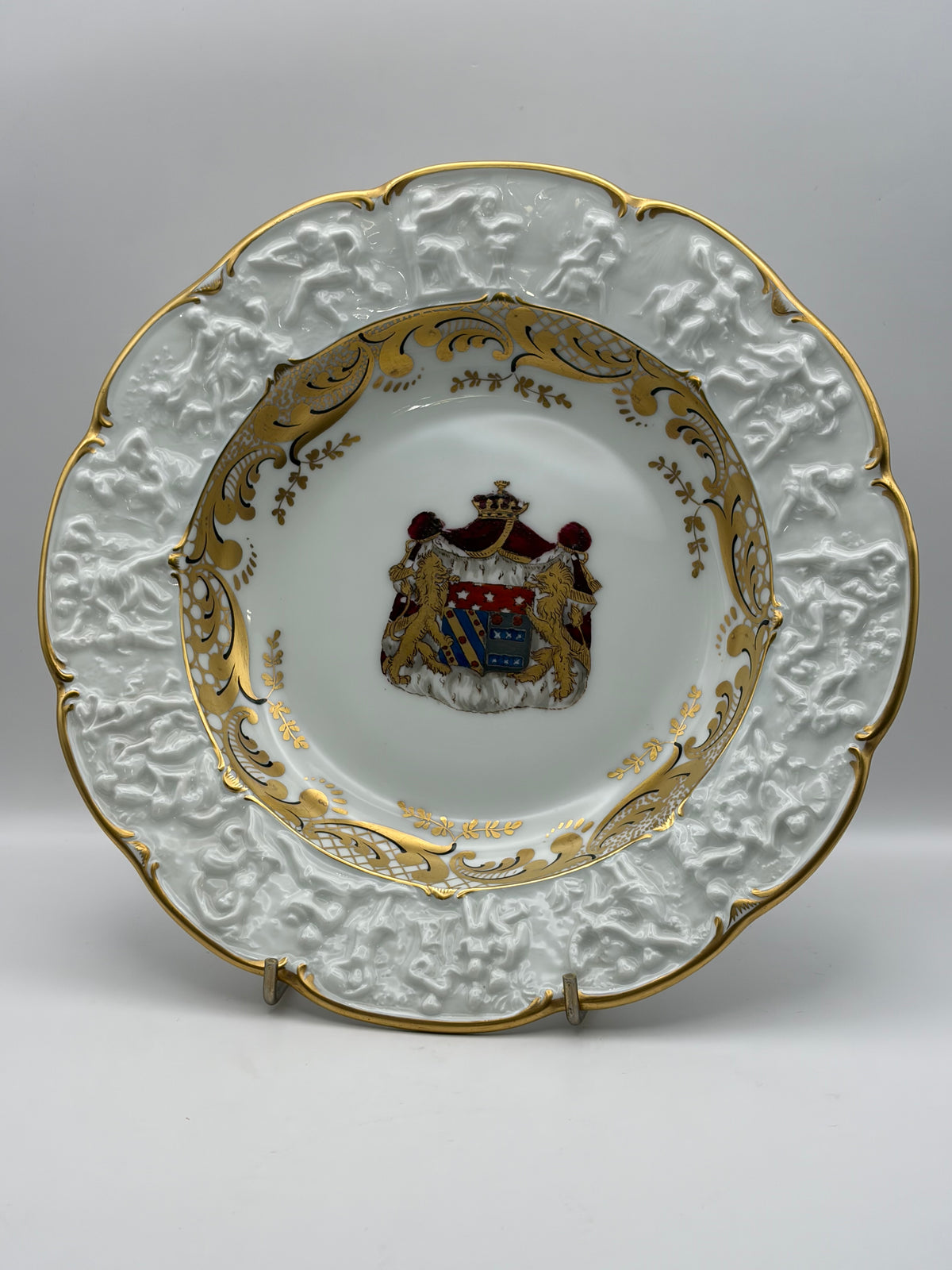 White Porcelain Plate Napoleon & Josephine Coat of Arms Gold Trim 10” Round capodimonte