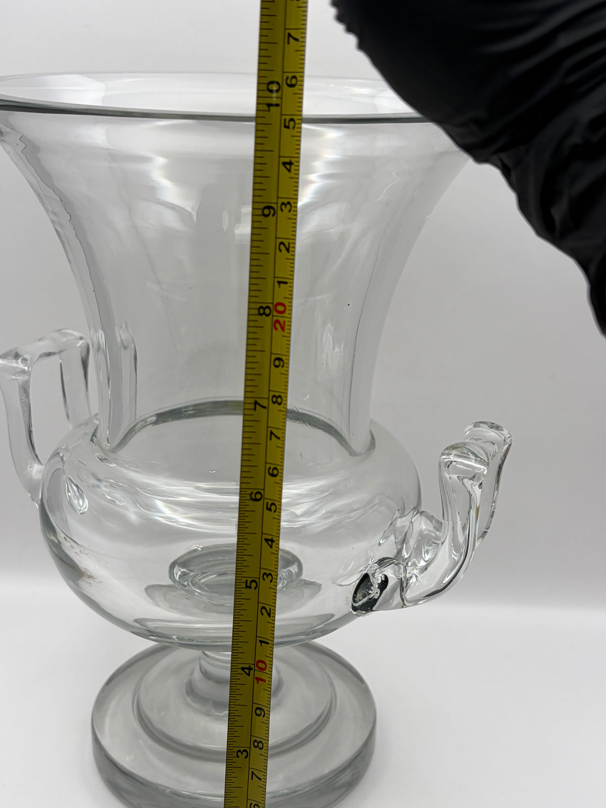 Clear Glass Pedestal Vase With Side Handles Flared Rim 11 in
