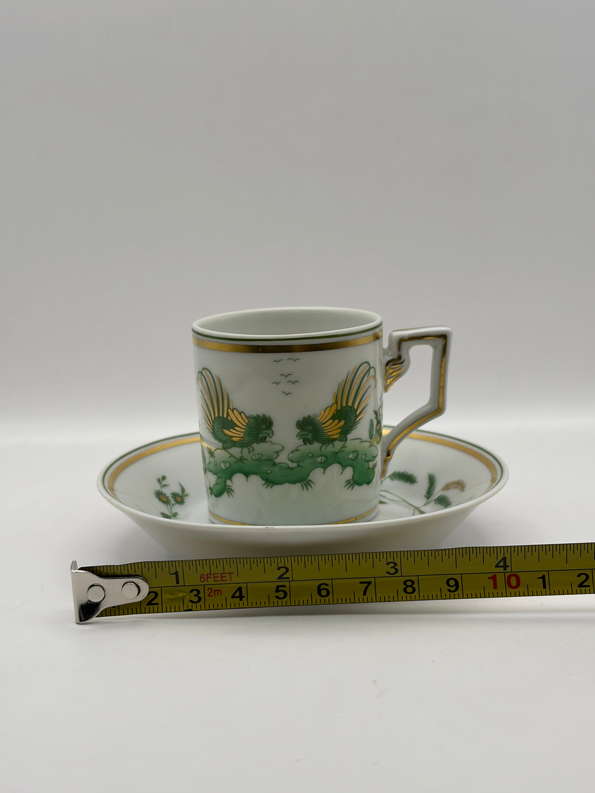 Richard Ginori Porcelain Cup & Saucer Italy White Green Gold Bird, Gold Handle