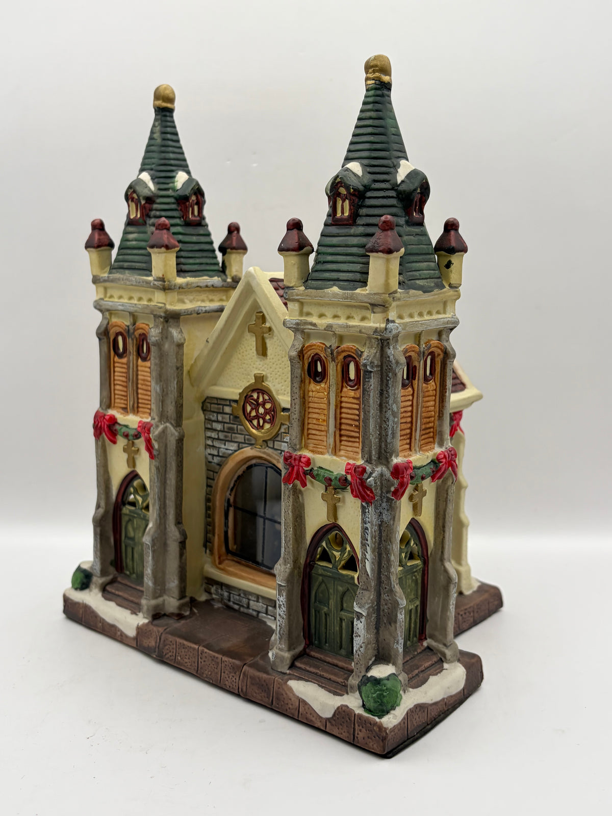 Christmas Village Ceramic Church Building Twin Towers, Painted, 8in Multicolor