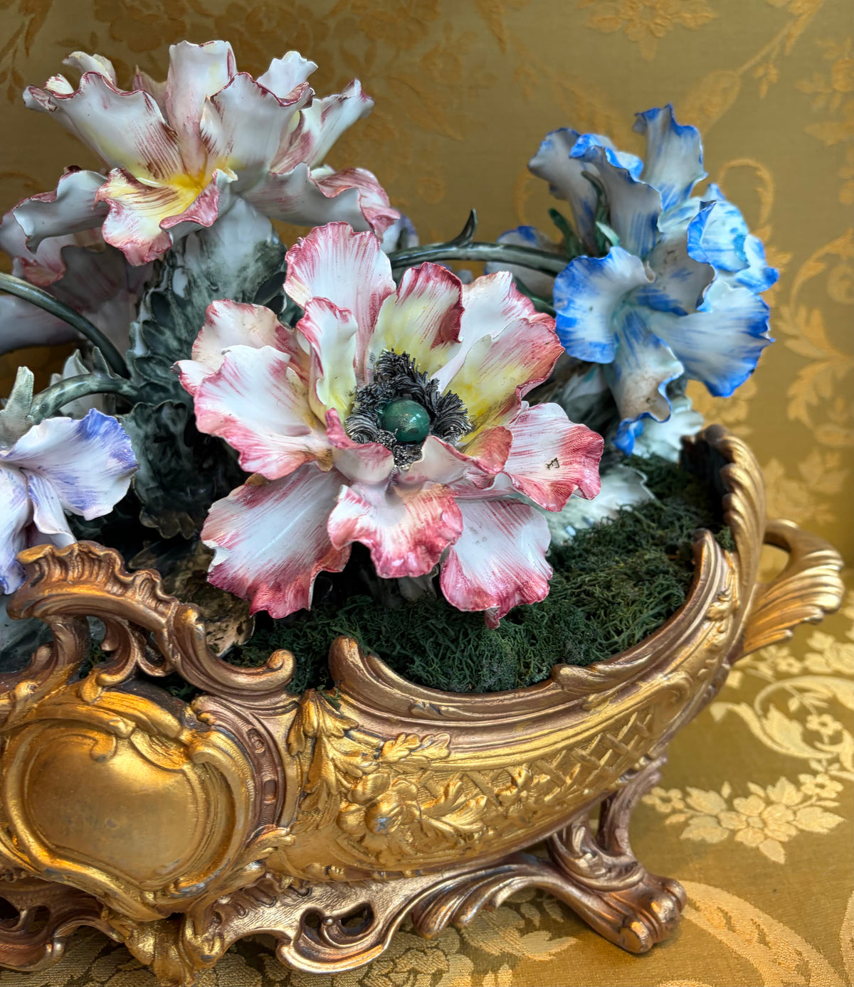 Gold-Tone Metal Floral Centerpiece Bowl w/ Pink/Blue/White ceramic Flowers