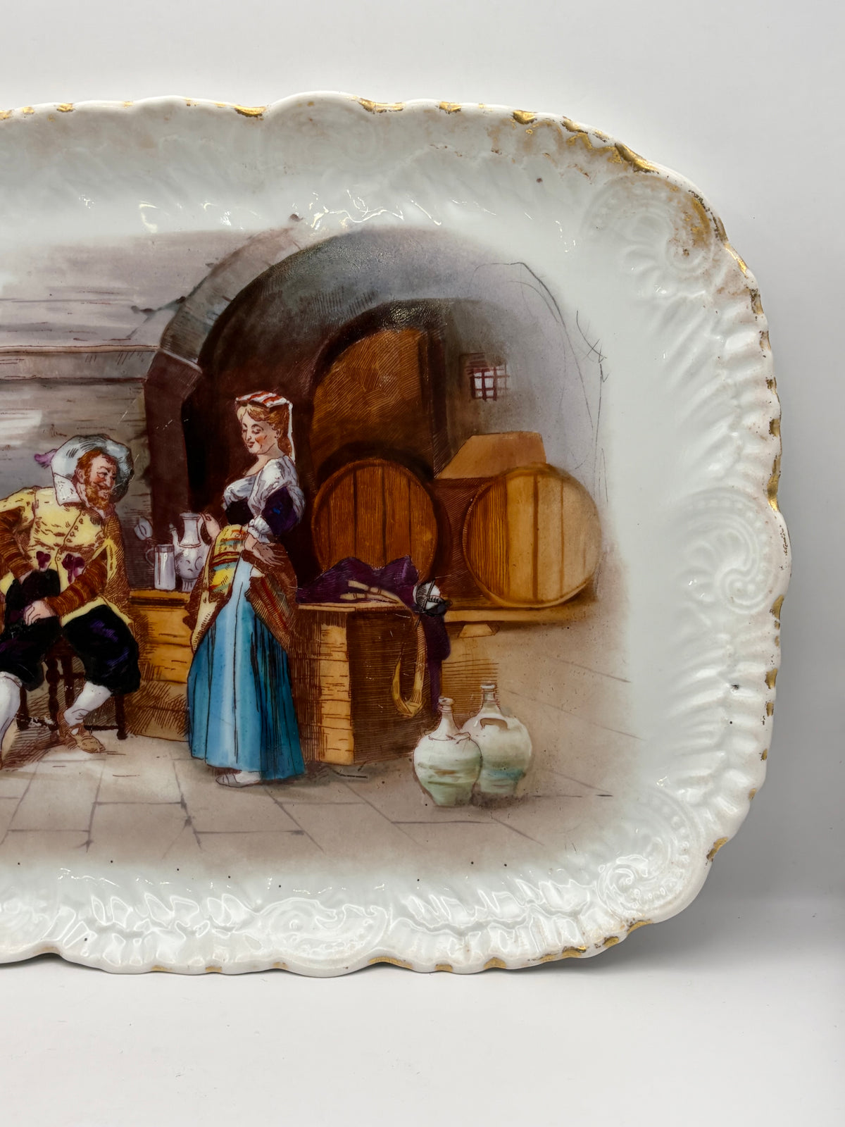 Limoges Porcelain Rectangle Serving Tray Painted Tavern Scene Gold Trim