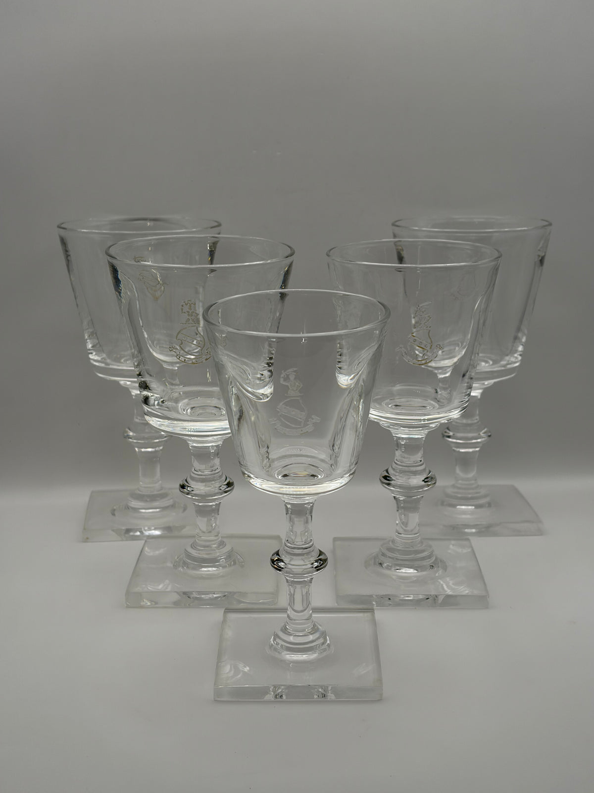 Steuben Clear Etched Santa Wine Glasses Set of 5 Square Base 10 oz 6 in