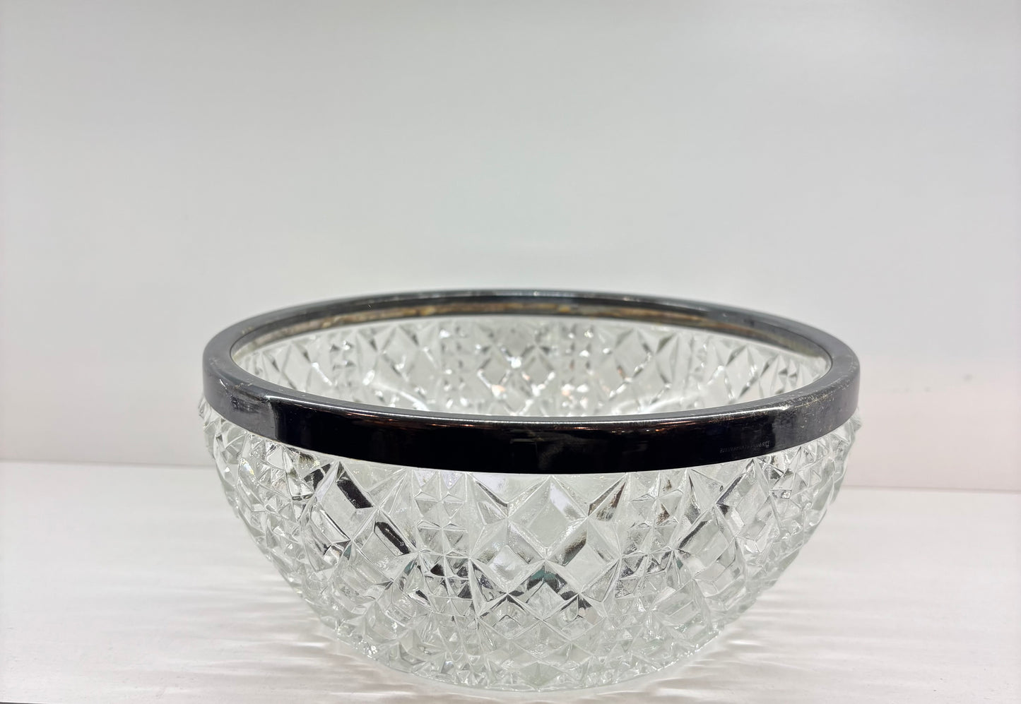 Crystal Glass Bowl with Silver Rim Centerpiece or Salad Bowl with Silver Rim and Starburst Pattern Design