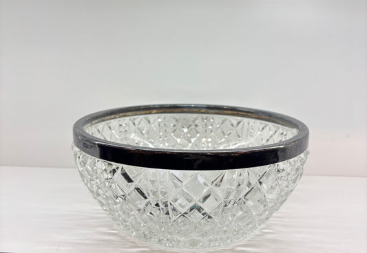 Crystal Glass Bowl with Silver Rim Centerpiece or Salad Bowl with Silver Rim and Starburst Pattern Design