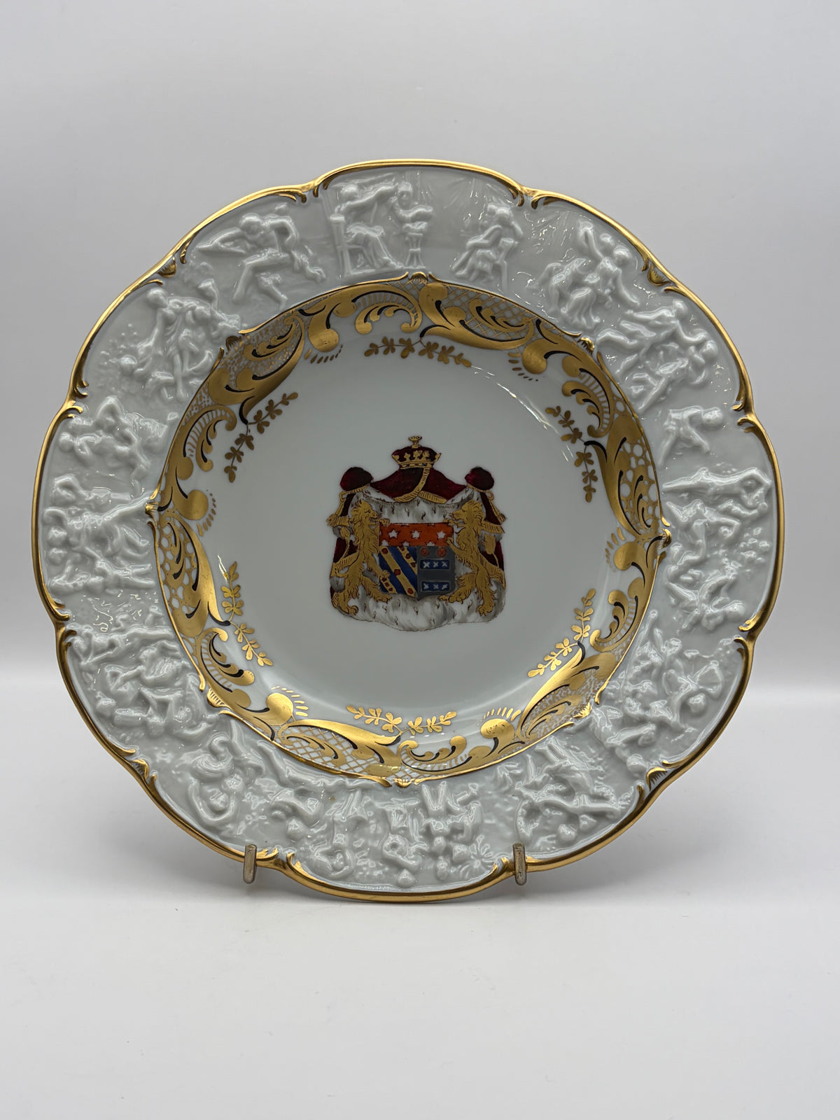 White Porcelain Plate Napoleon & Josephine Coat of Arms Gold Trim 10” Round capodimonte