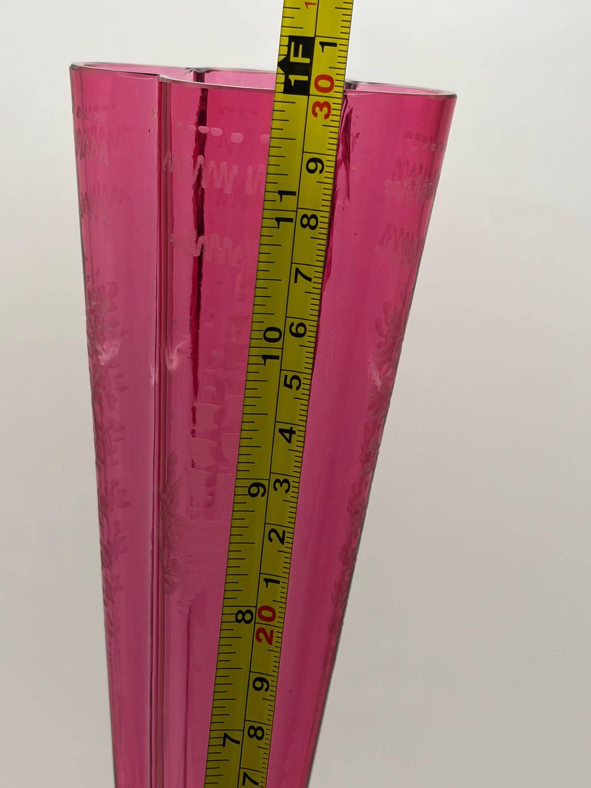 Zodad Pink Art Glass Vase Etched Abstract Design Clear Foot 12 in H 7 in L
