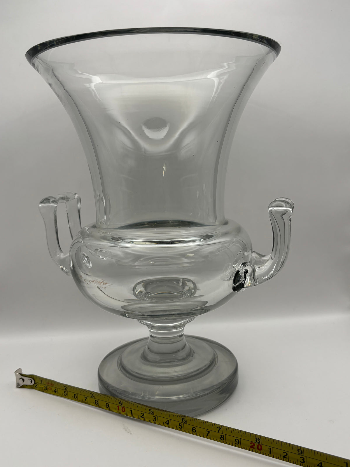 Clear Glass Pedestal Vase With Side Handles Flared Rim 11 in