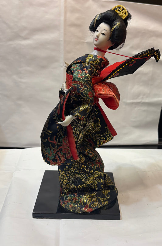 Vintage Japanese Geisha Girl Doll Traditional Kimono 13" Cloth Wood Stand Fan