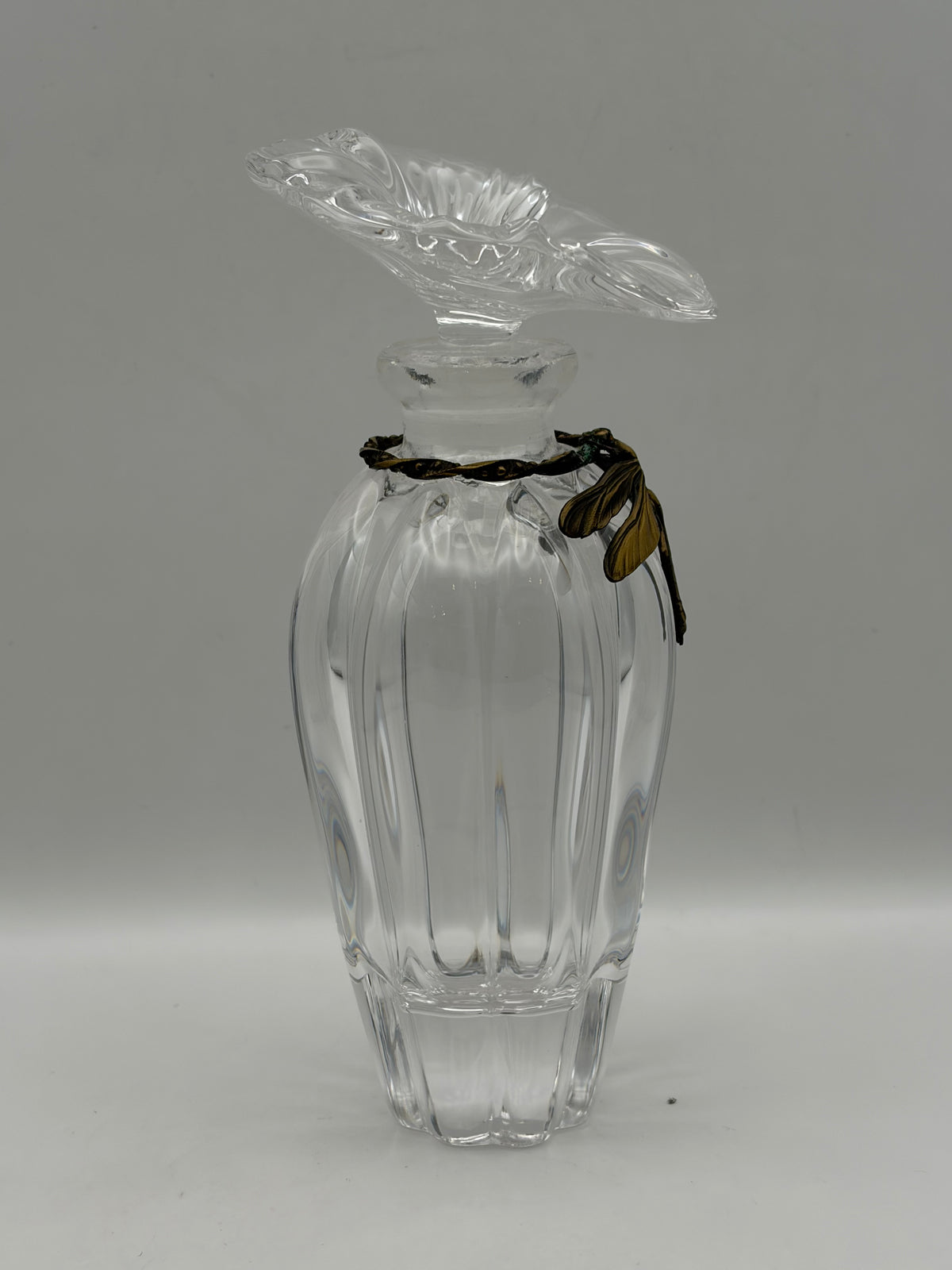 Decorative Clear Glass Perfume Bottle with Flower Stopper & Dragonfly Accent