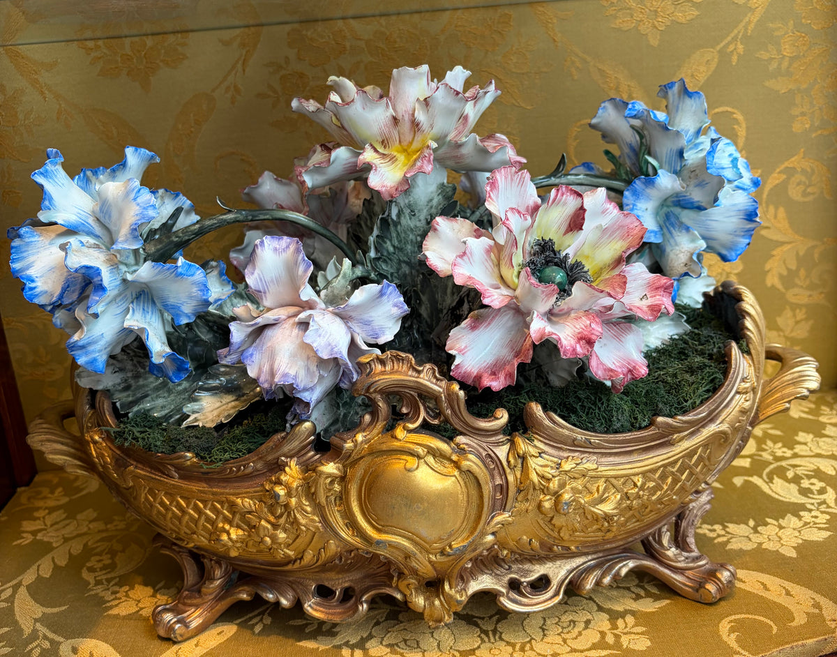 Gold-Tone Metal Floral Centerpiece Bowl w/ Pink/Blue/White ceramic Flowers