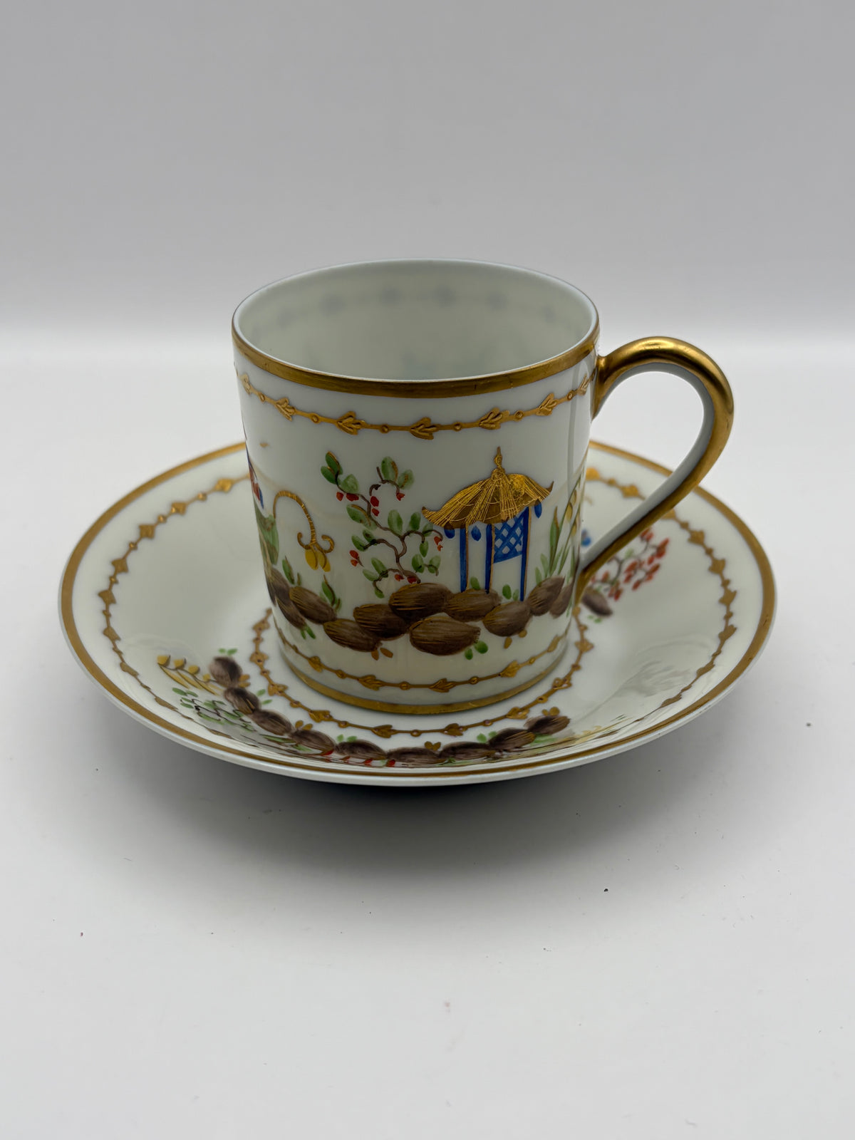 Tiffany & Co Porcelain Cup & Saucer Set, Painted Floral/Bird, White Gold Trim Handle