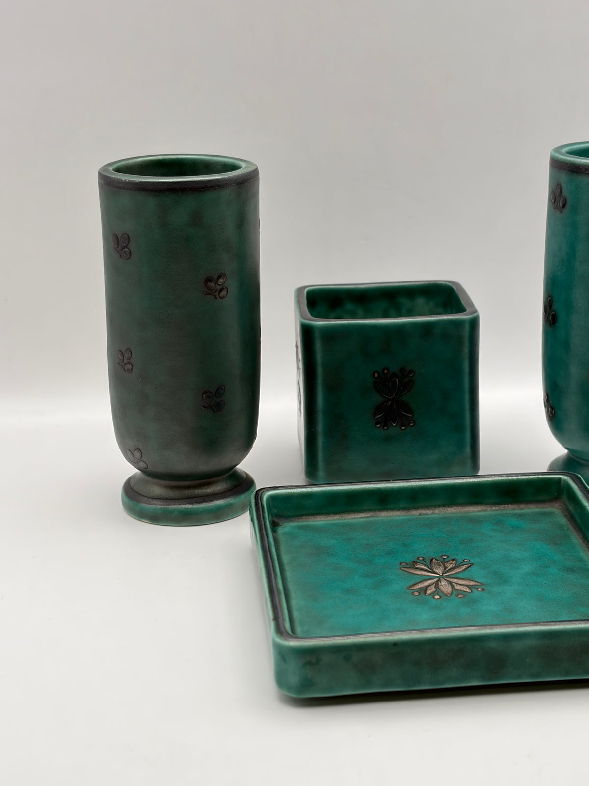 Gustavsberg Argenta Green Ceramic Floral Vase & Tray Set 3-Piece 1958