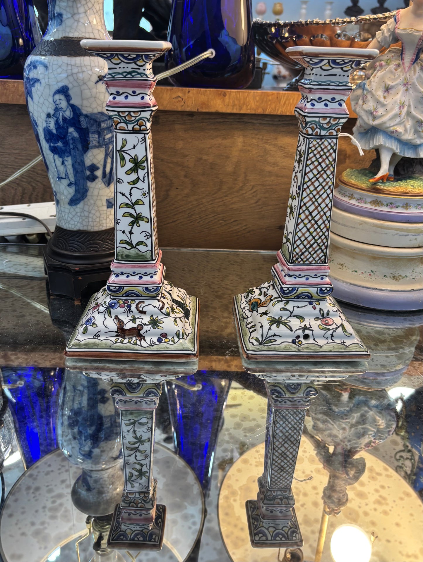 Pair of vintage candleholders hand painted made in Portugal.