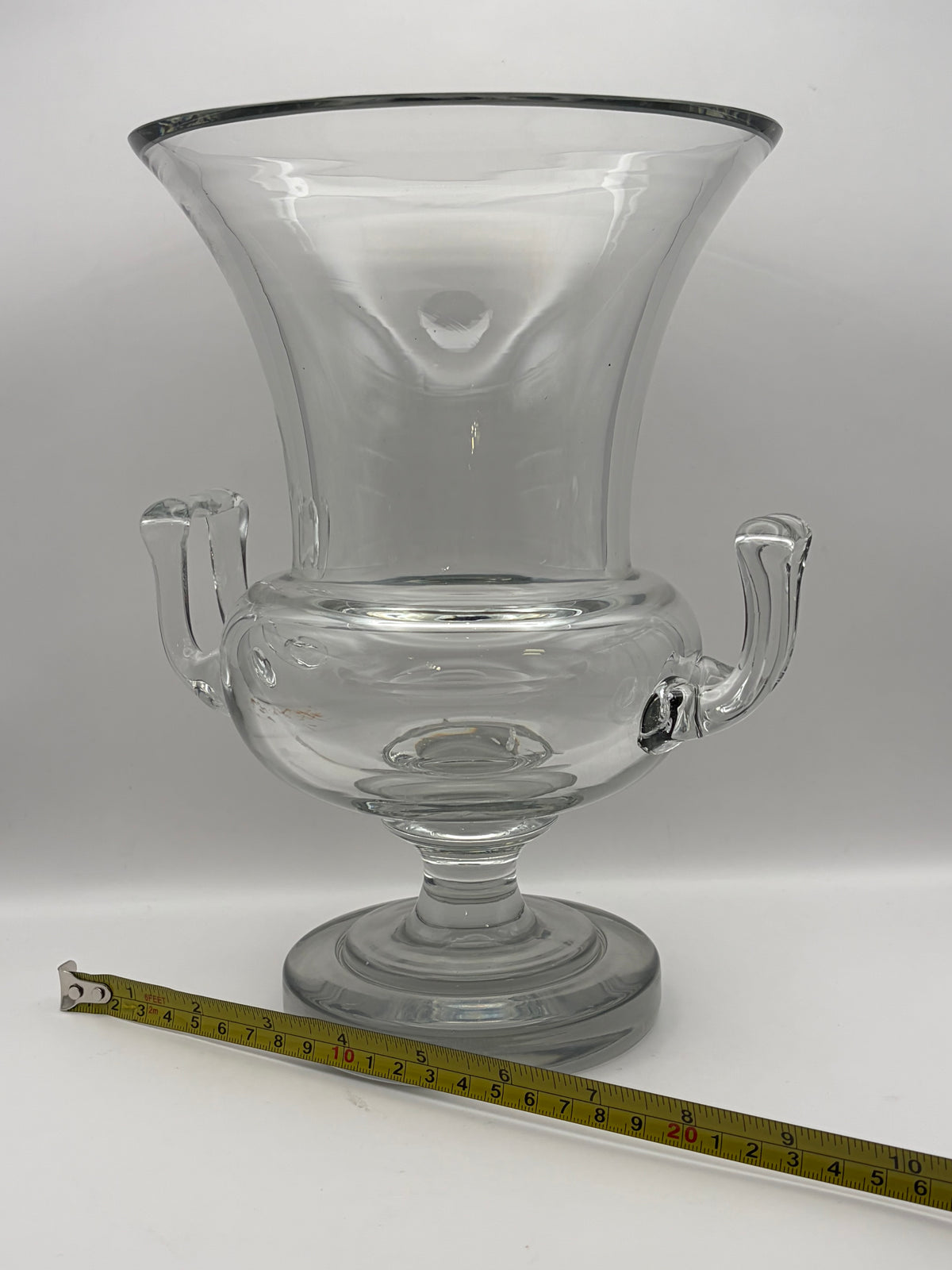 Clear Glass Pedestal Vase With Side Handles Flared Rim 11 in