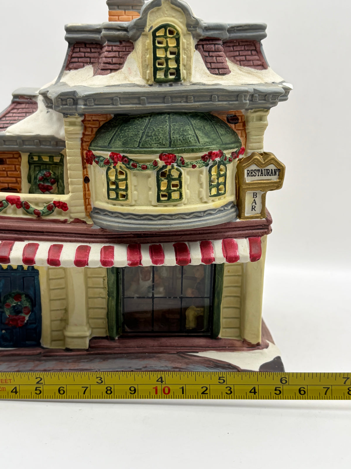 Ceramic Christmas Village Restaurant/Bar House Building, Painted Snow, 8in Tall