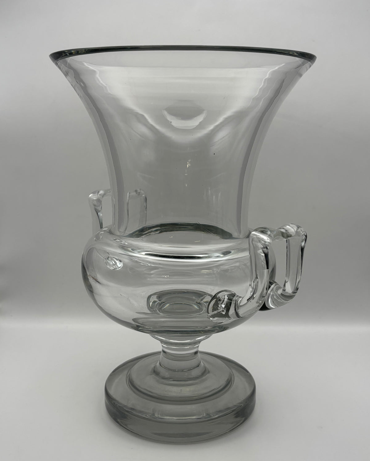 Clear Glass Pedestal Vase With Side Handles Flared Rim 11 in