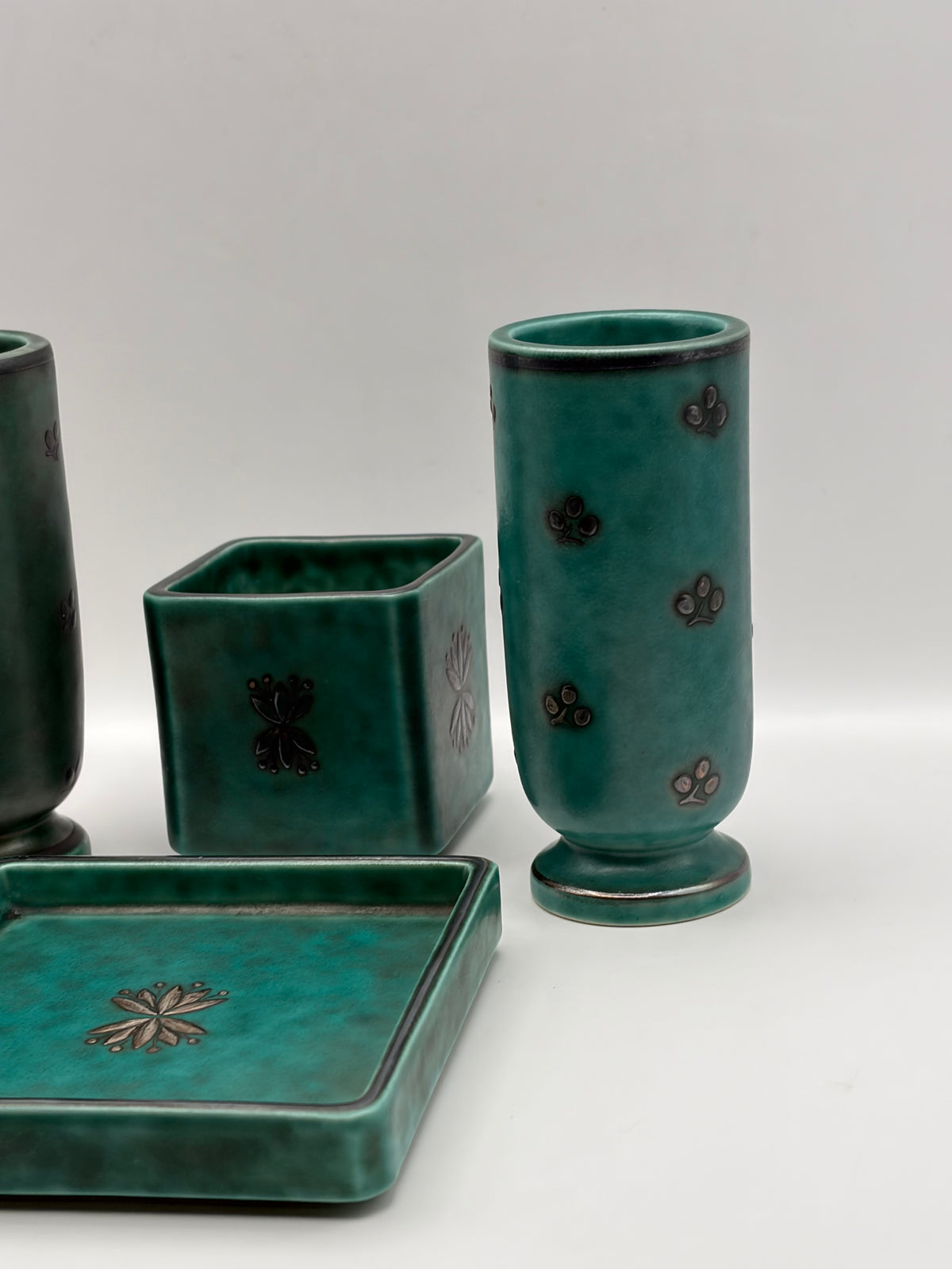 Gustavsberg Argenta Green Ceramic Floral Vase & Tray Set 3-Piece 1958