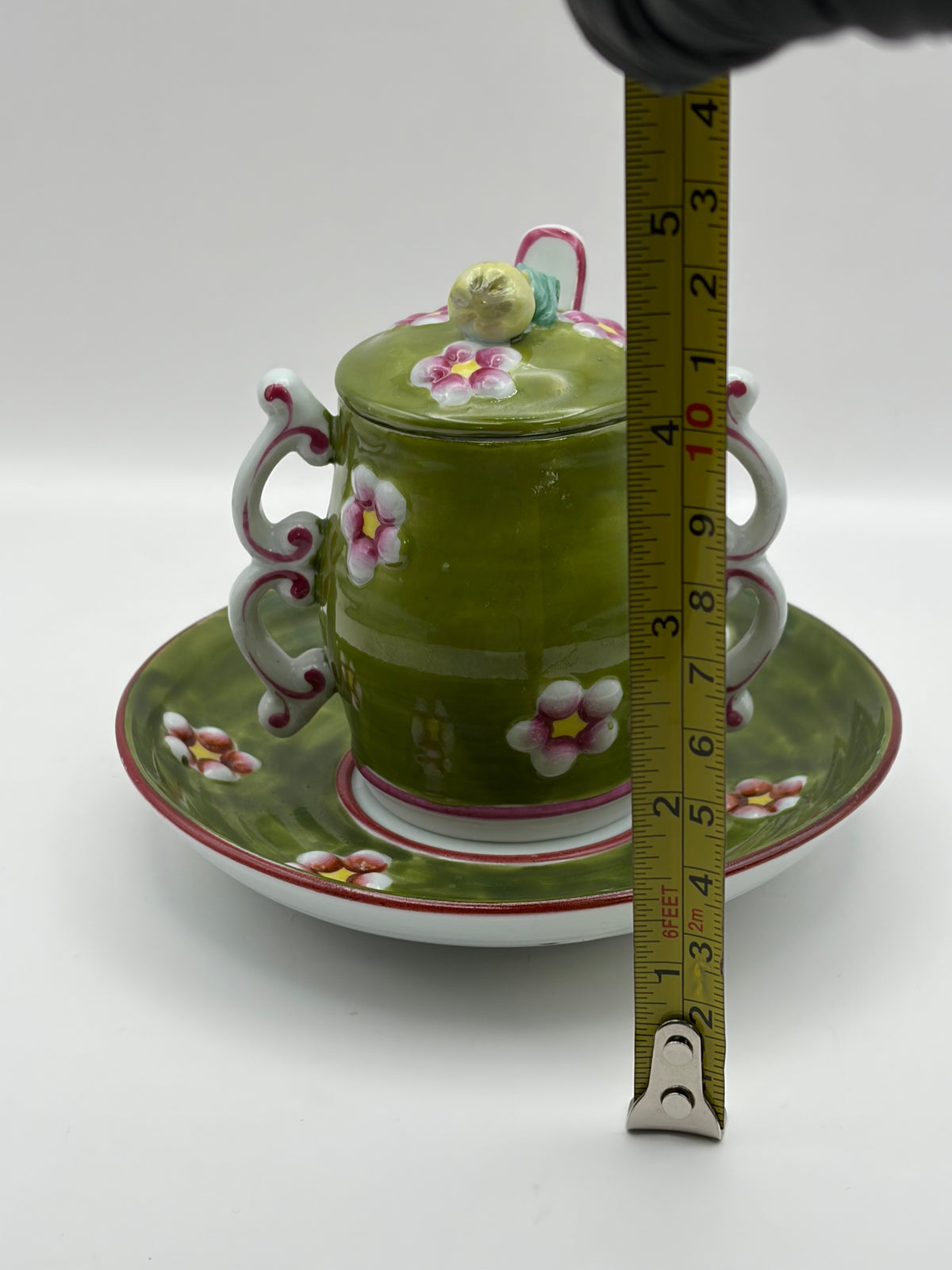 Floral Green Ceramic Cup & Saucer Set w/ Lid & Spoon 4 oz Made in Italy