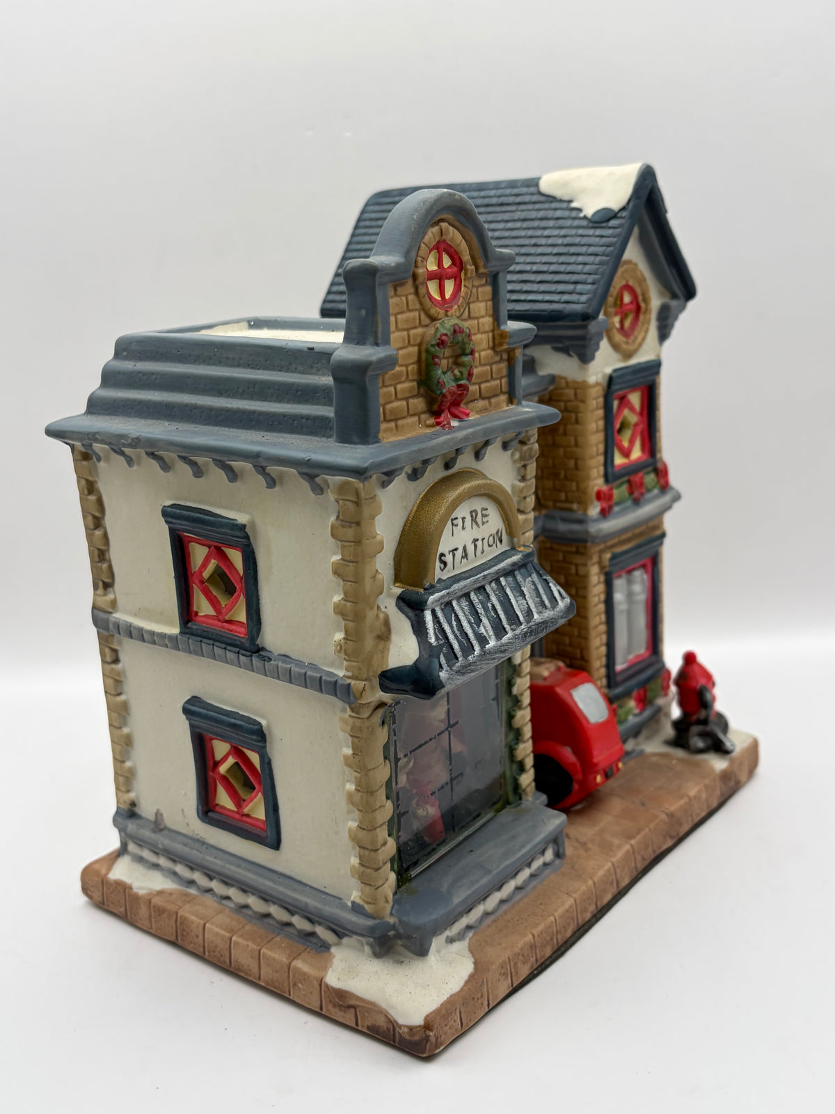 Ceramic Holiday Village Fire Station House Building Figurine w/ Red Truck 7in
