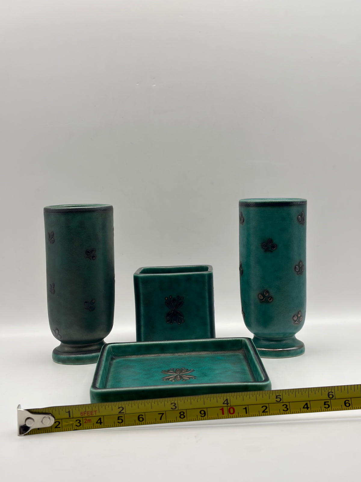 Gustavsberg Argenta Green Ceramic Floral Vase & Tray Set 3-Piece 1958