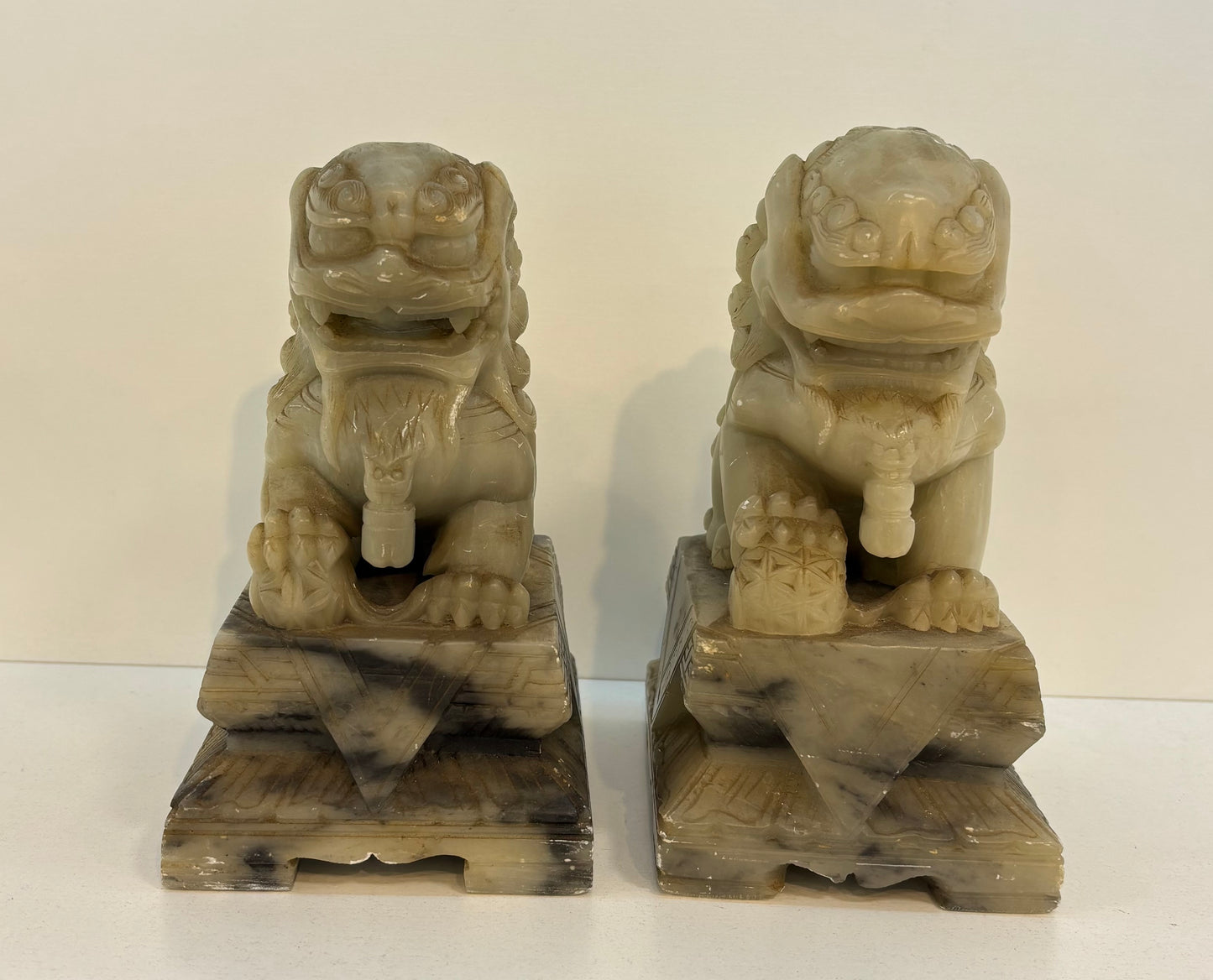 Chinese carved soapstone pair of foo dog temple lions dogs