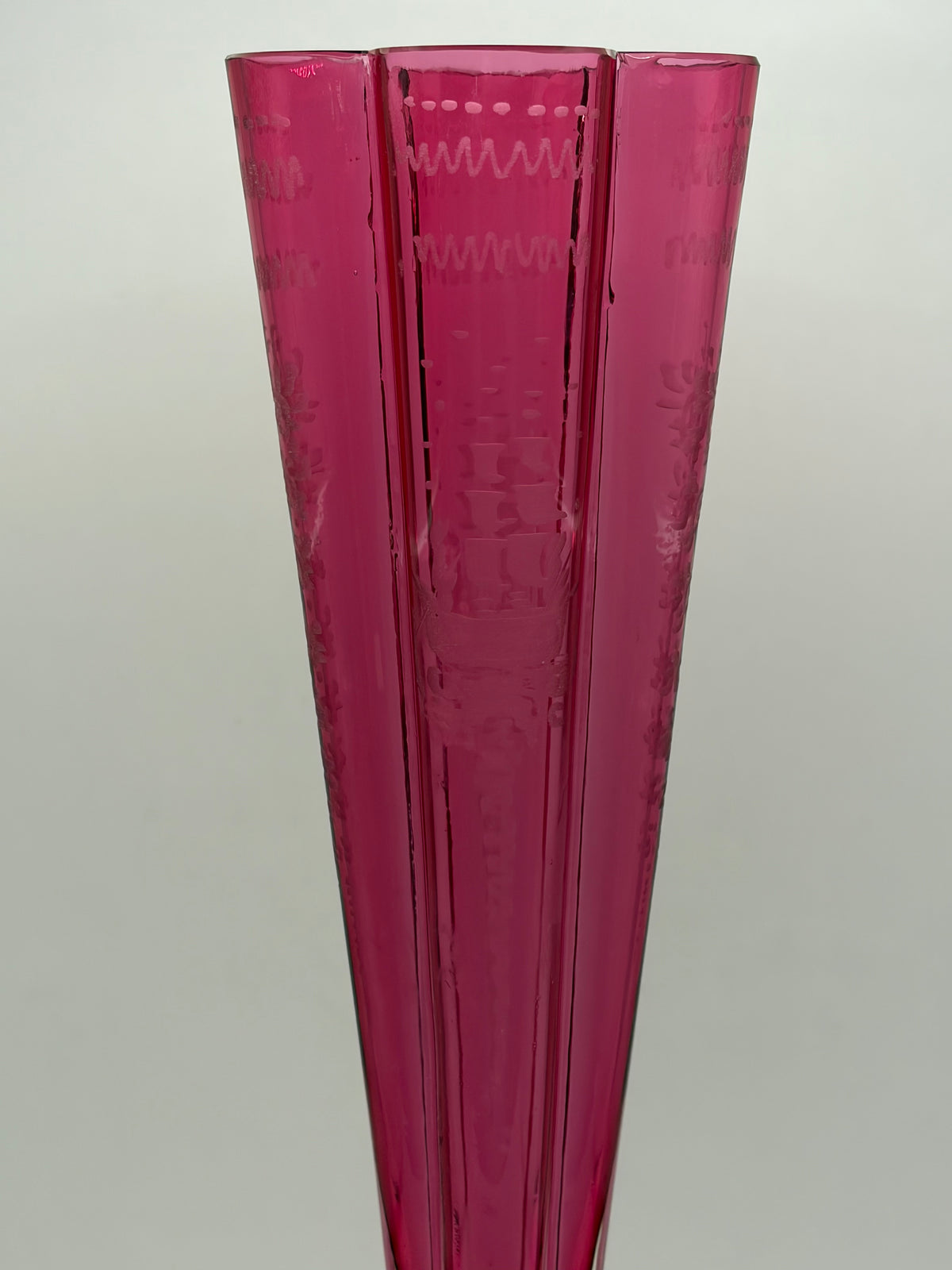 Zodad Pink Art Glass Vase Etched Abstract Design Clear Foot 12 in H 7 in L