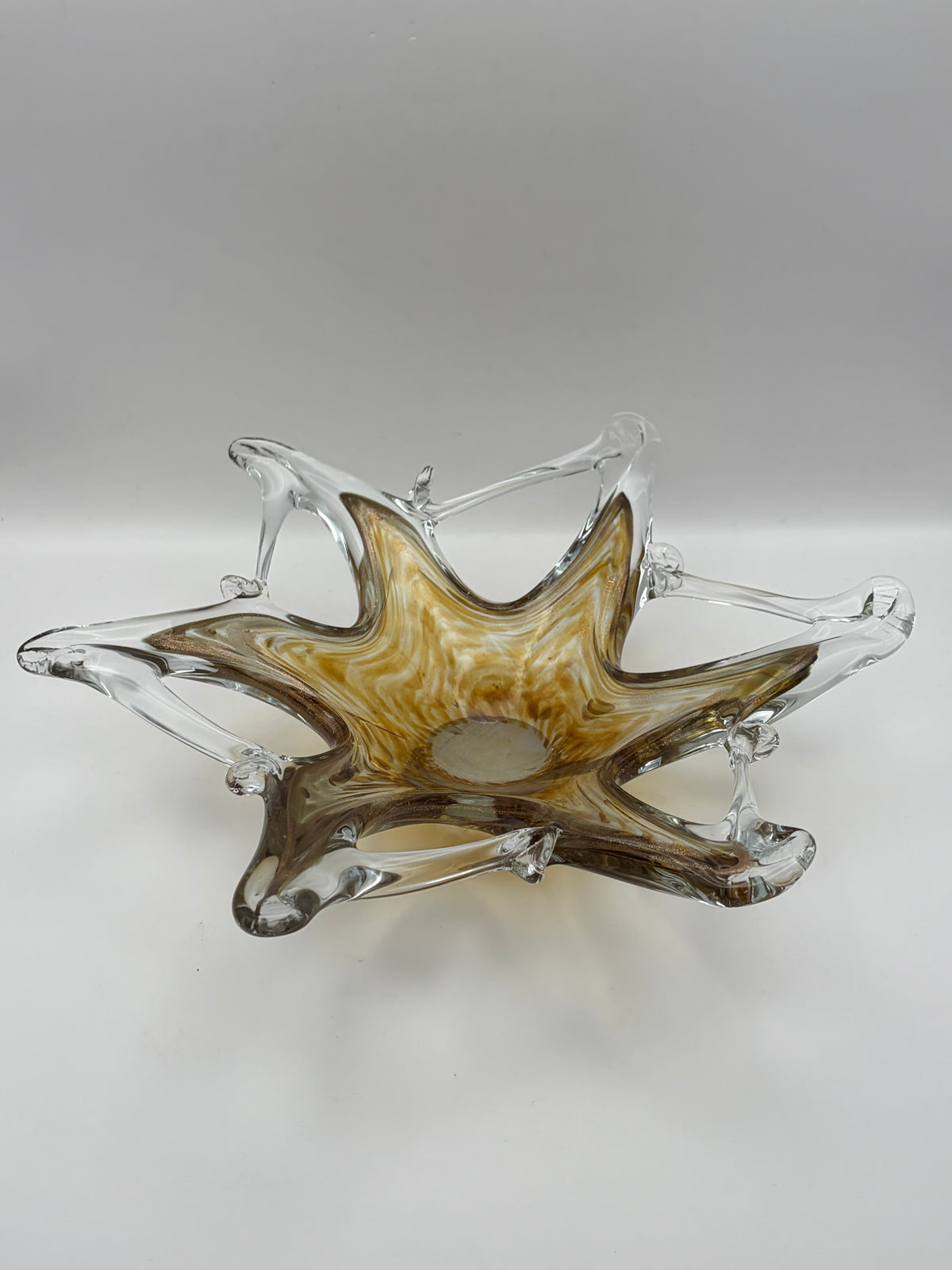 Clear & Amber Swirl Art Glass Star Decorative Bowl Hand Blown 10" Dia 3" H