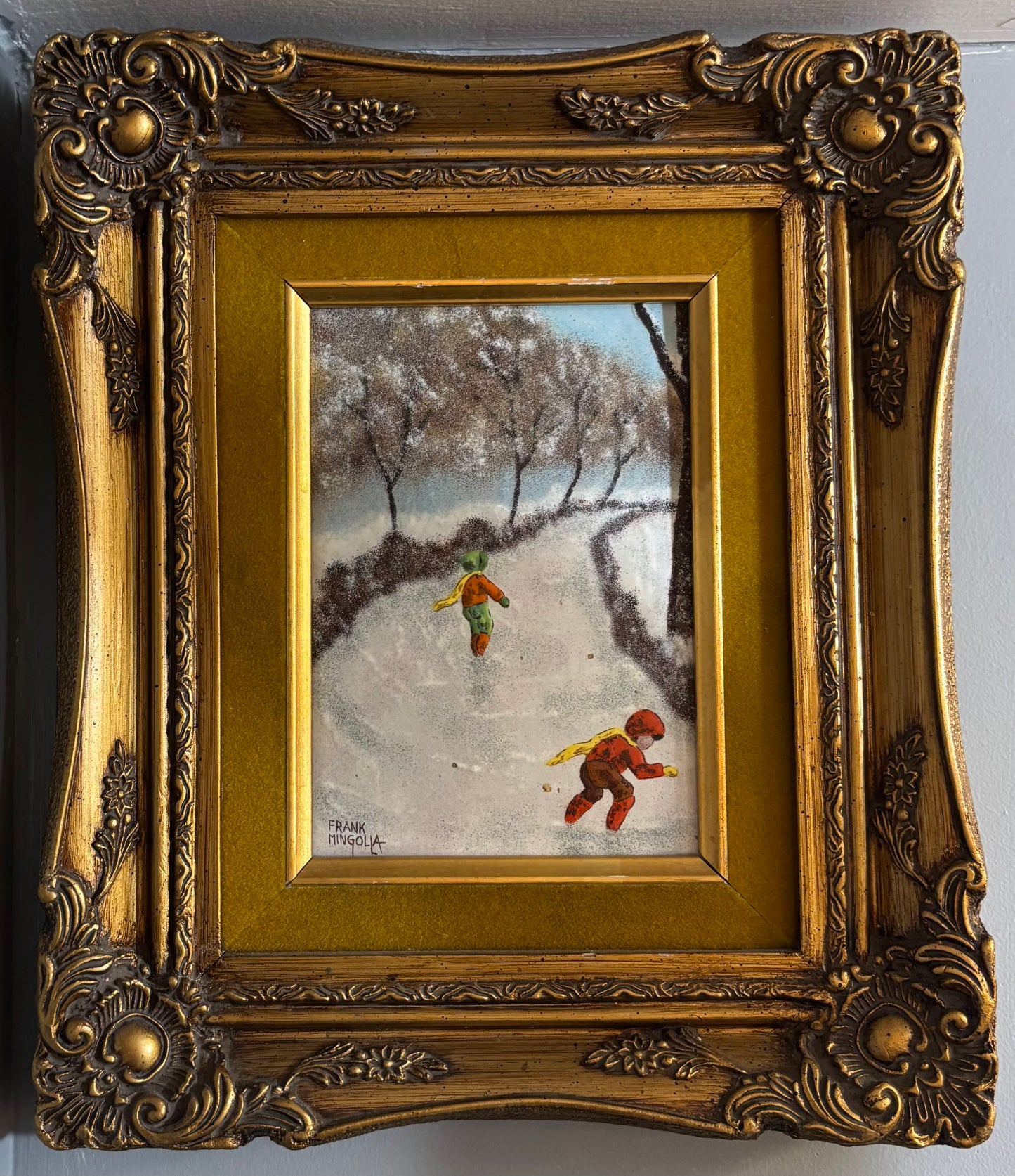 Kids in snow painting, signed Frank mingolla