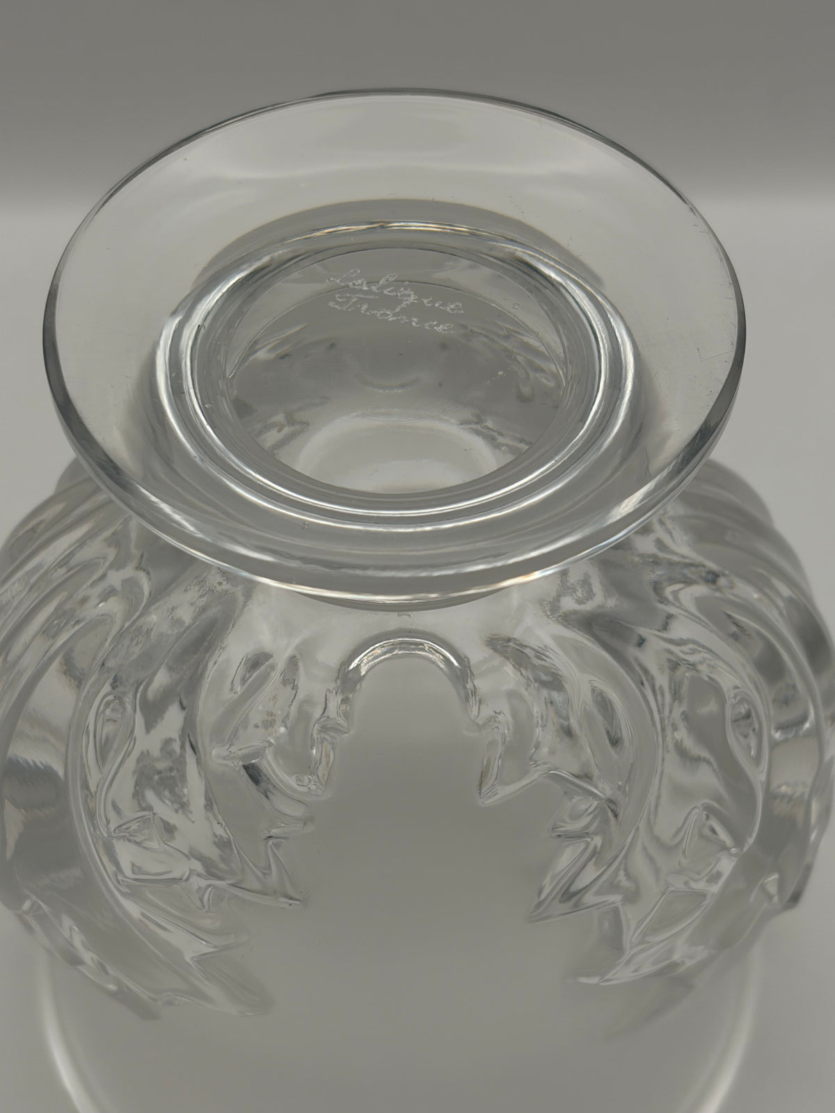 vintage Lalique France "Saint-Cloud" Crystal Vase featuring frosted satin-finish