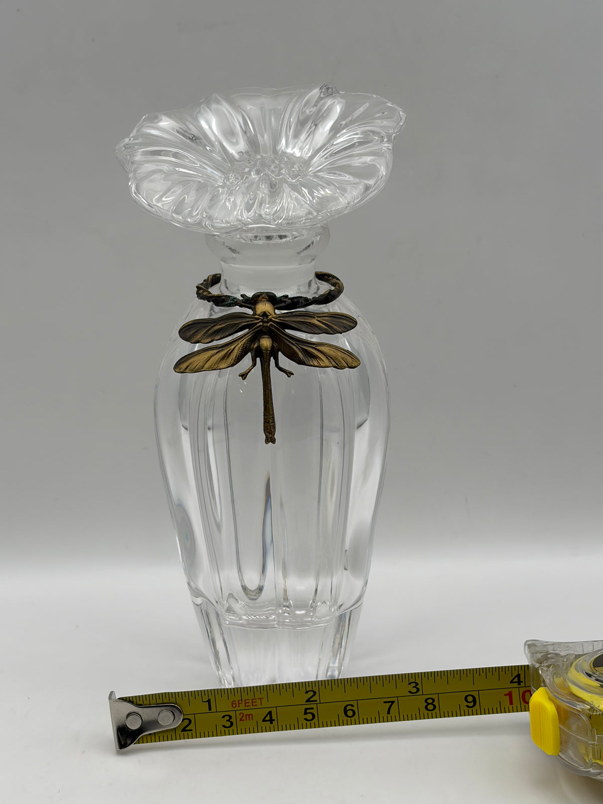 Decorative Clear Glass Perfume Bottle with Flower Stopper & Dragonfly Accent