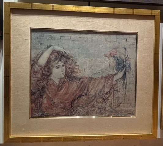 Artist Edna Hibel Framed Light graph of young girl with flowers
