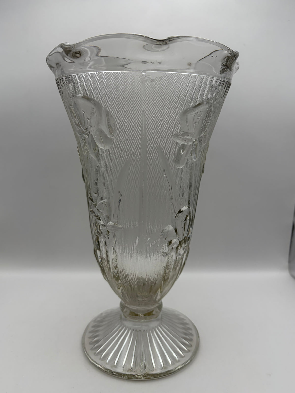 Vintage clear pressed glass footed flower vase  Irish herringbone pattern 1928 - 1932