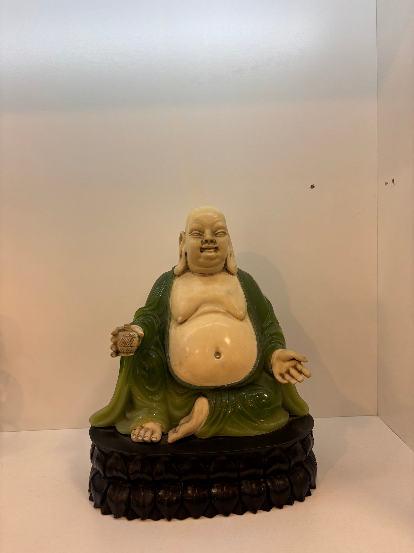 WONY LTD. ITALY FAUX IVORY & JADE SEATED BUDDHA