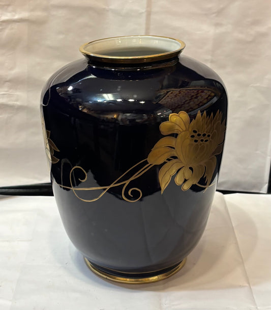 Vtg Large Porcelain Pottery Vase Deep Cobalt Blue w/Gold Flowers Made In Romania