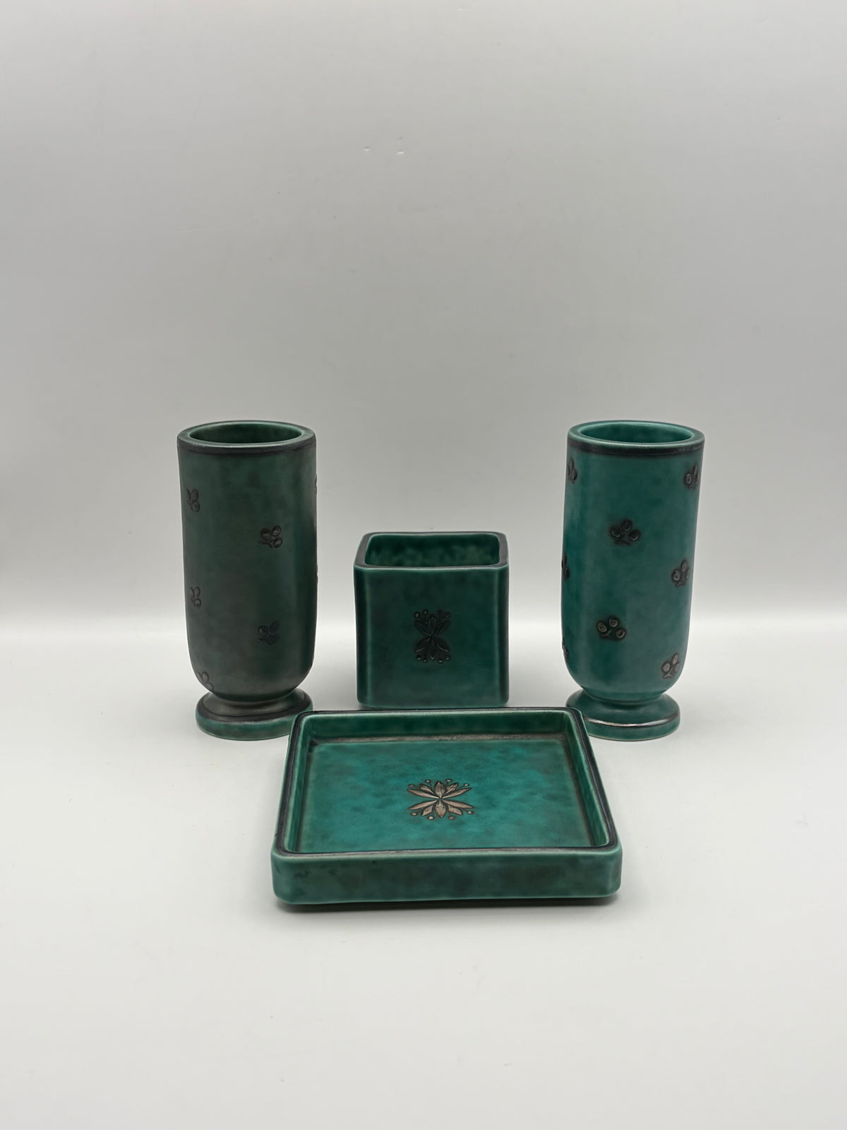 Gustavsberg Argenta Green Ceramic Floral Vase & Tray Set 3-Piece 1958