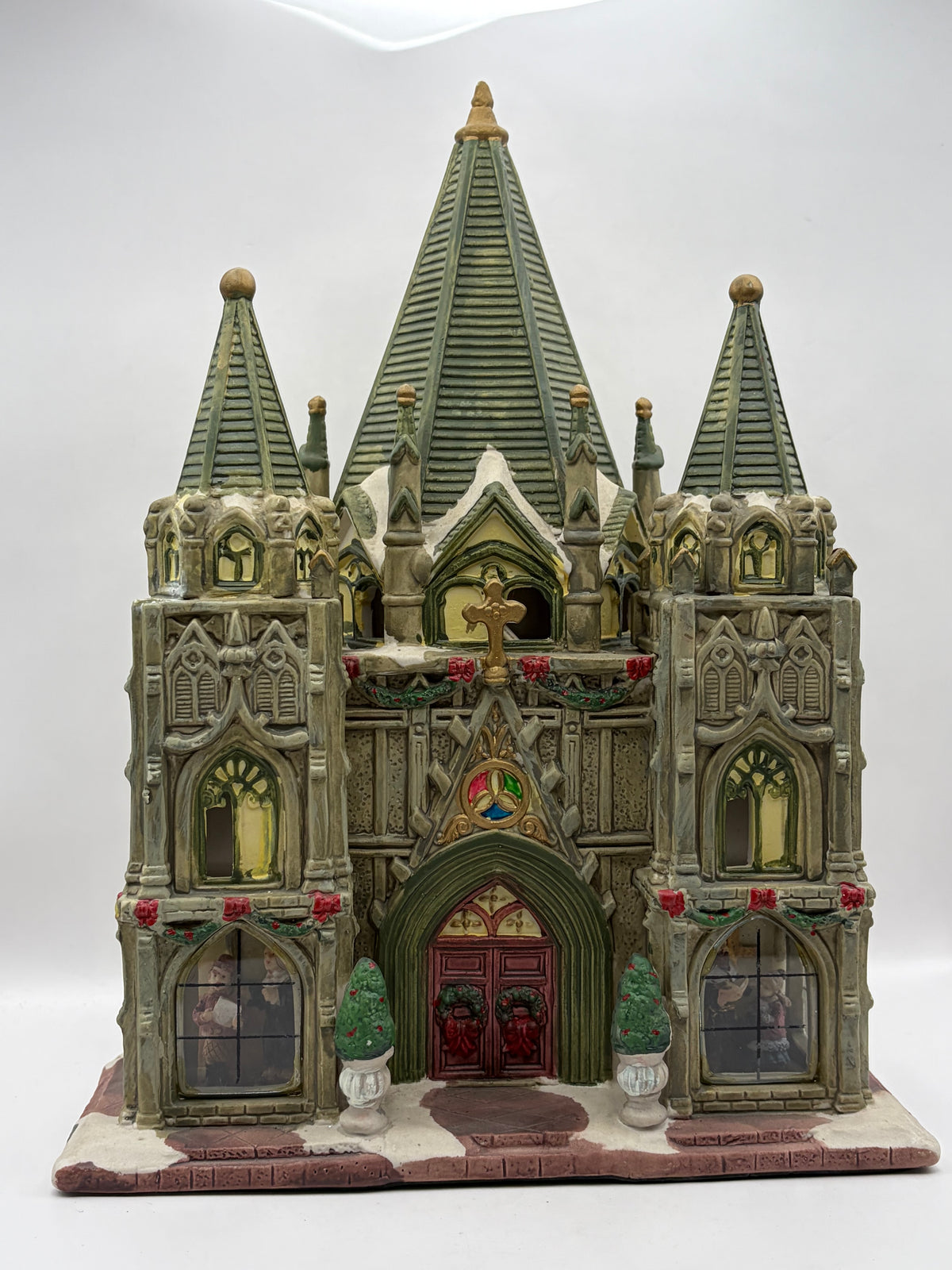 Christmas Village Gothic Cathedral/Church Building, Ceramic 11in 9.5in Painted