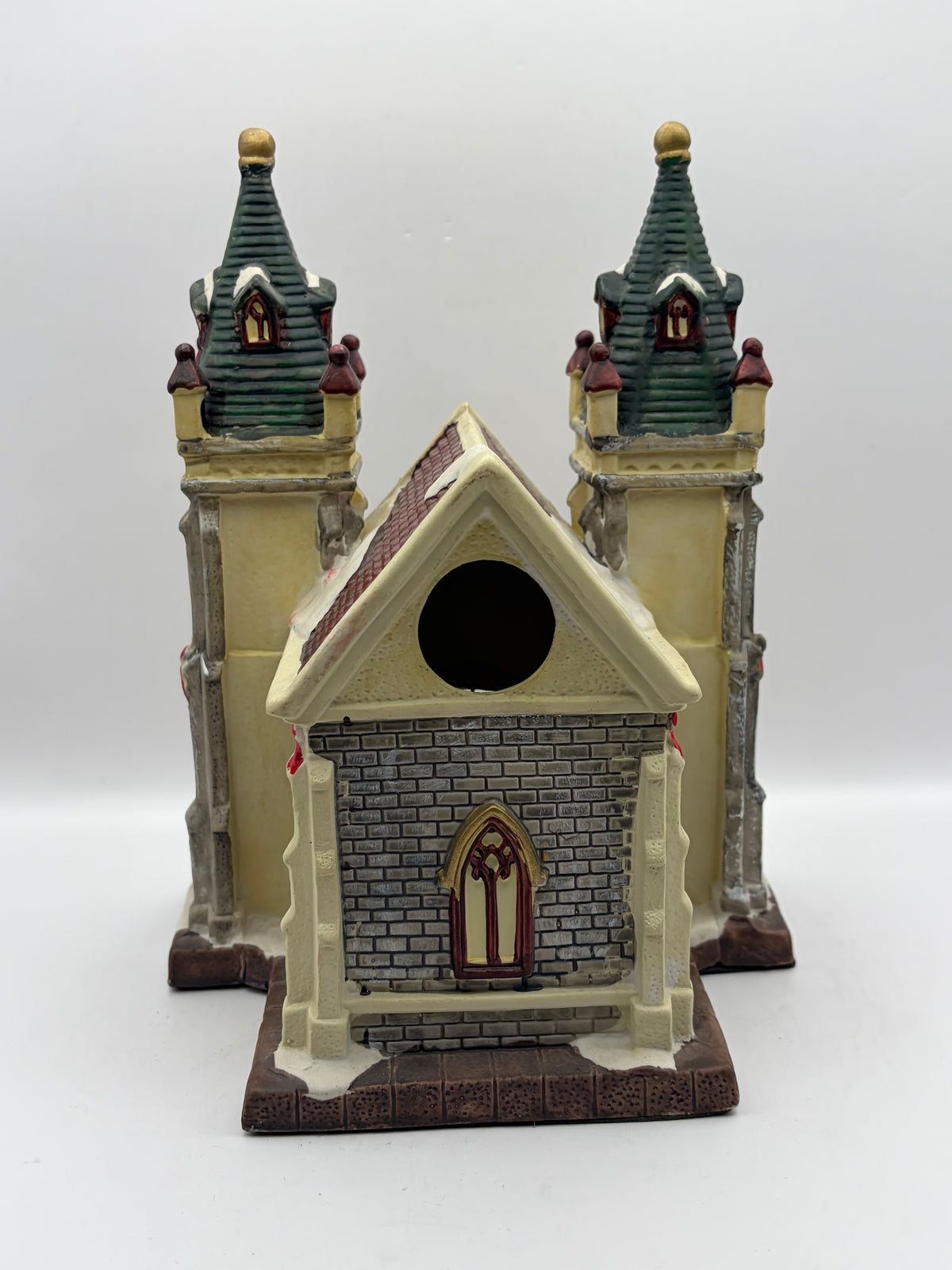 Christmas Village Ceramic Church Building Twin Towers, Painted, 8in Multicolor