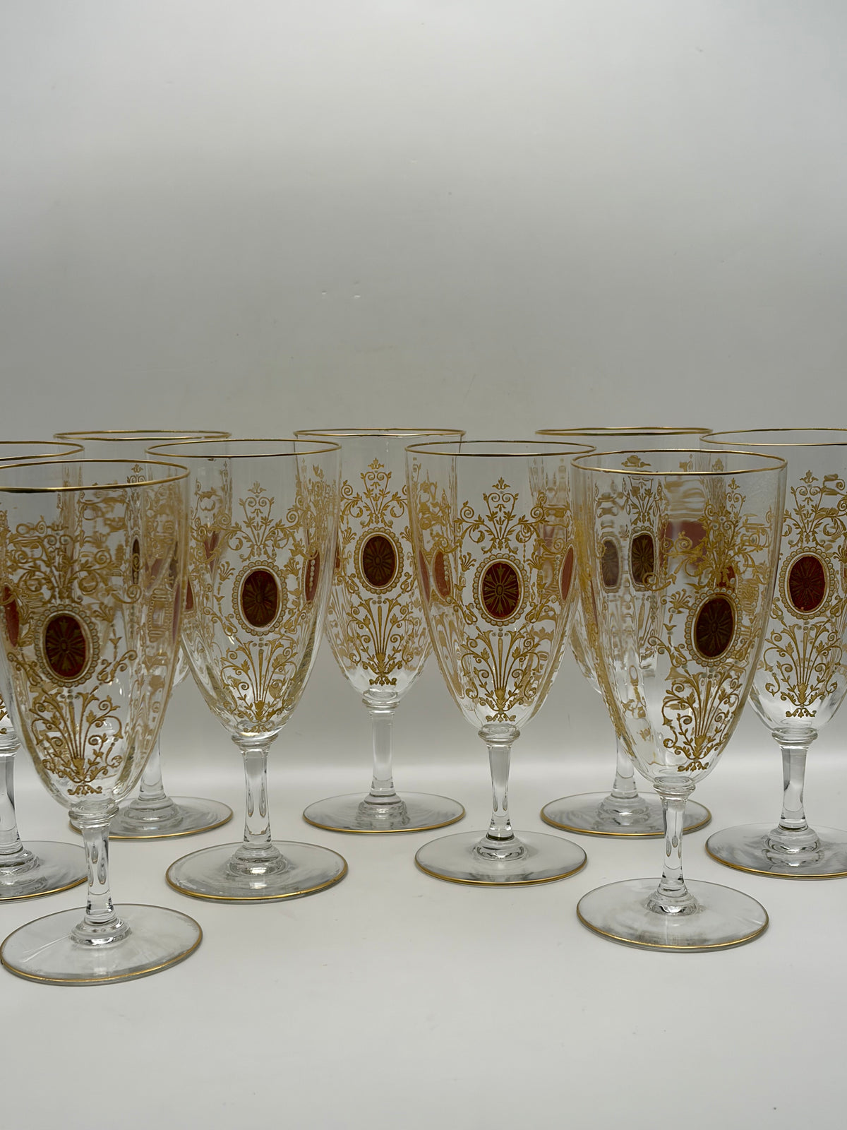 Bohemian Set of 9 Stemmed Wine Glasses Clear Gold Rim Floral Scroll Red Medallion