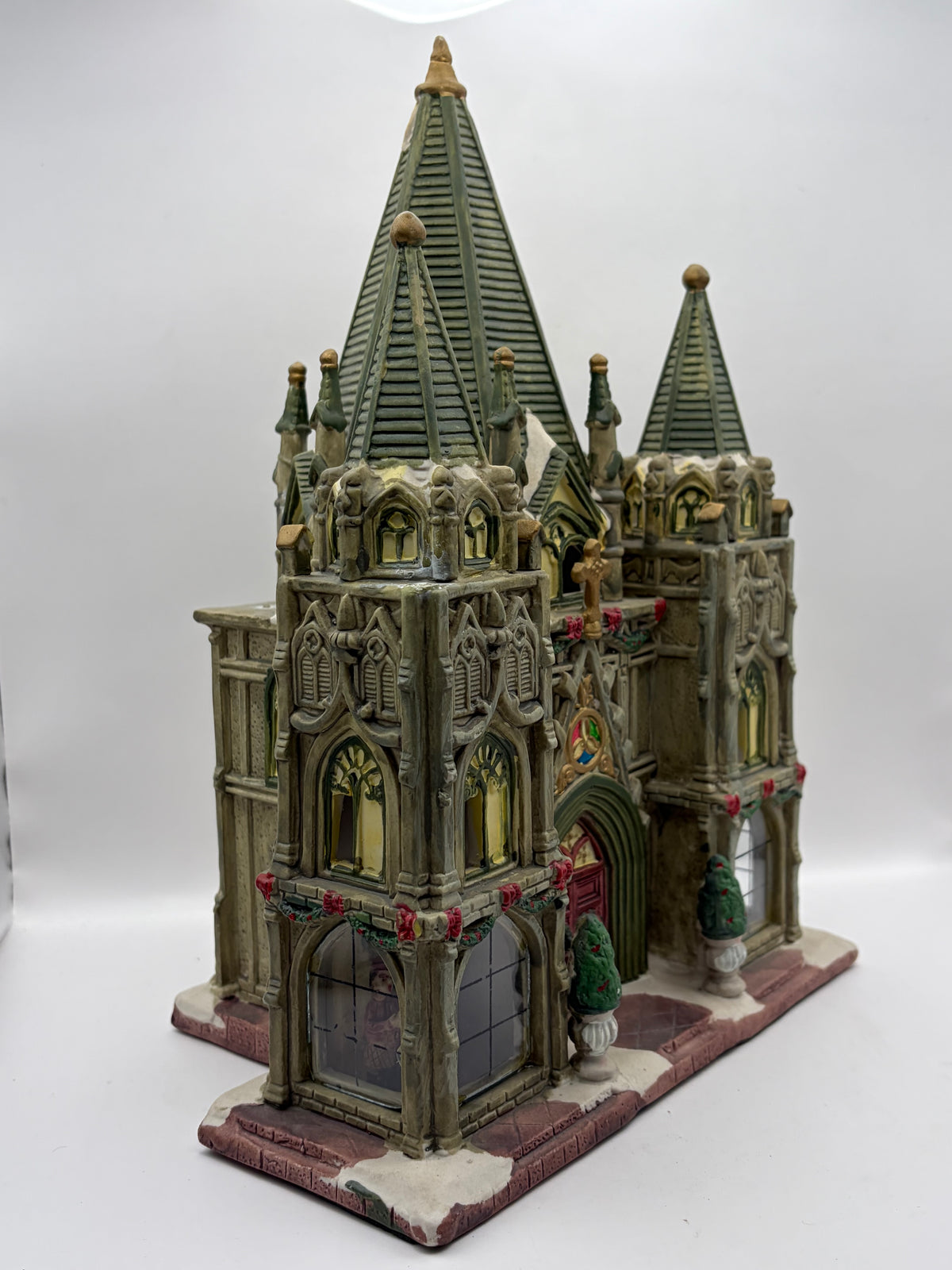 Christmas Village Gothic Cathedral/Church Building, Ceramic 11in 9.5in Painted