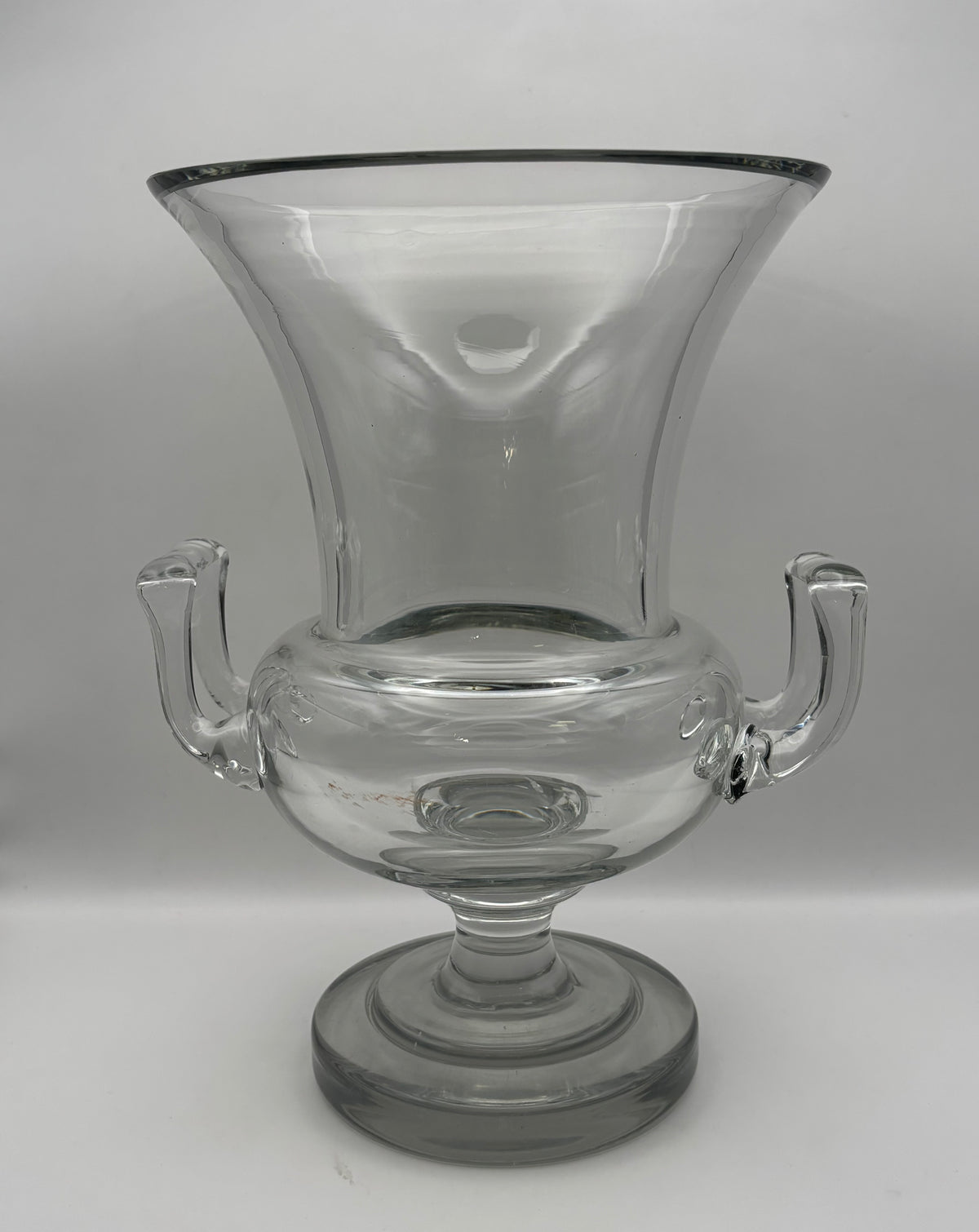 Clear Glass Pedestal Vase With Side Handles Flared Rim 11 in