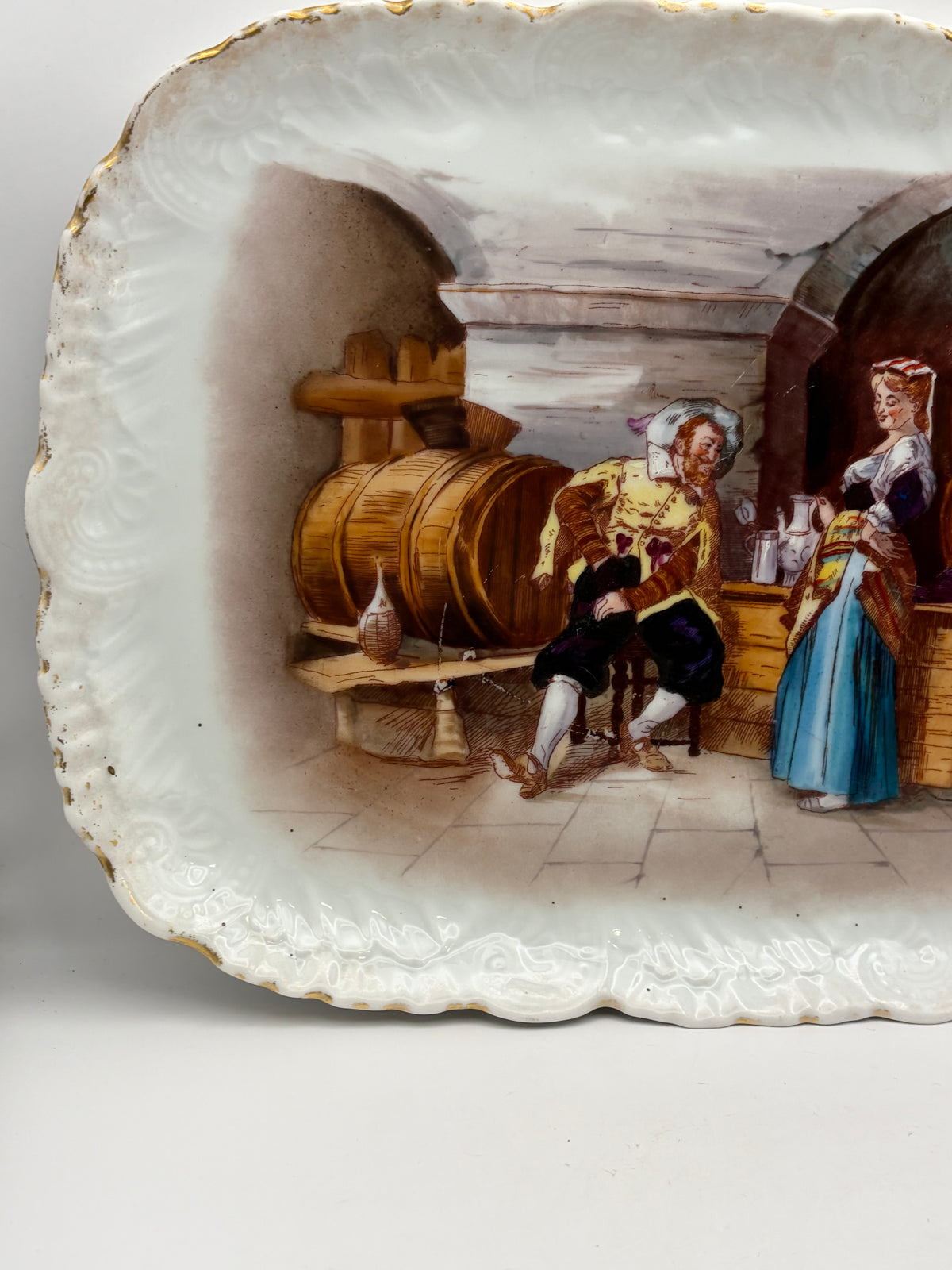 Limoges Porcelain Rectangle Serving Tray Painted Tavern Scene Gold Trim