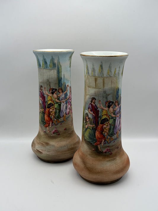 Antique G & H Germany Scenic Porcelain Tapestry Vase, Hand Painted Pair