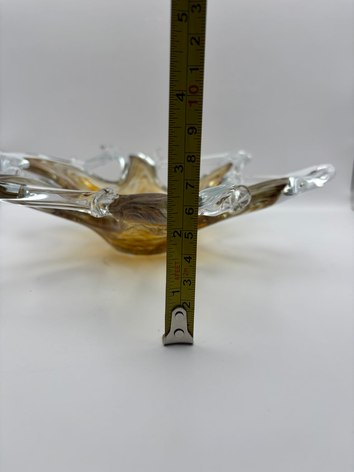 Clear & Amber Swirl Art Glass Star Decorative Bowl Hand Blown 10" Dia 3" H