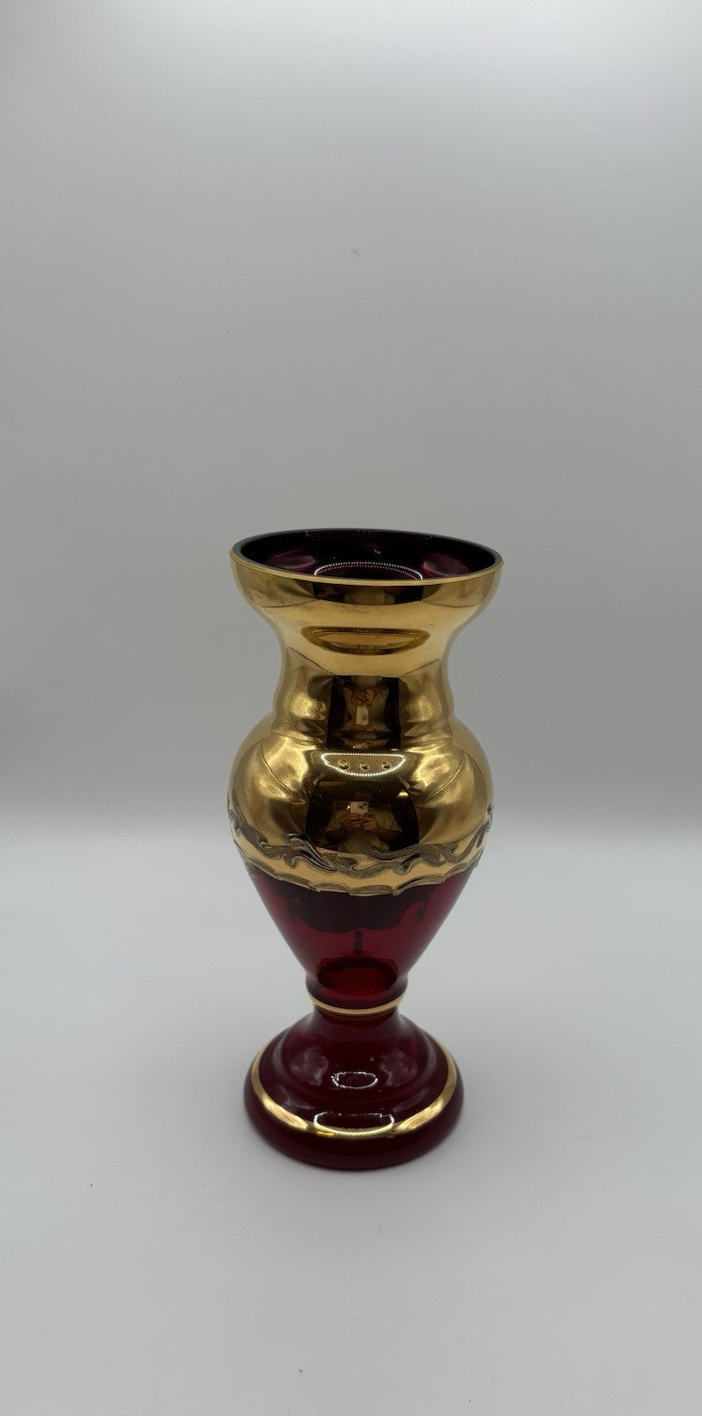 CZECH BOHEMIAN CRYSTAL RUBY RED VASE GILDED RAISED ENAMEL 6.3”