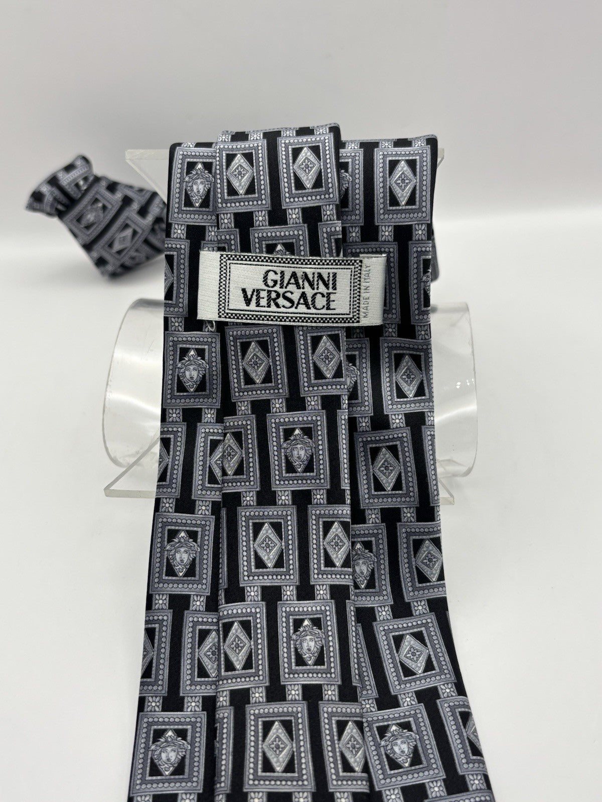 Black and Silver Geometric Pattern with A Classical Medusa Versace Silk Tie