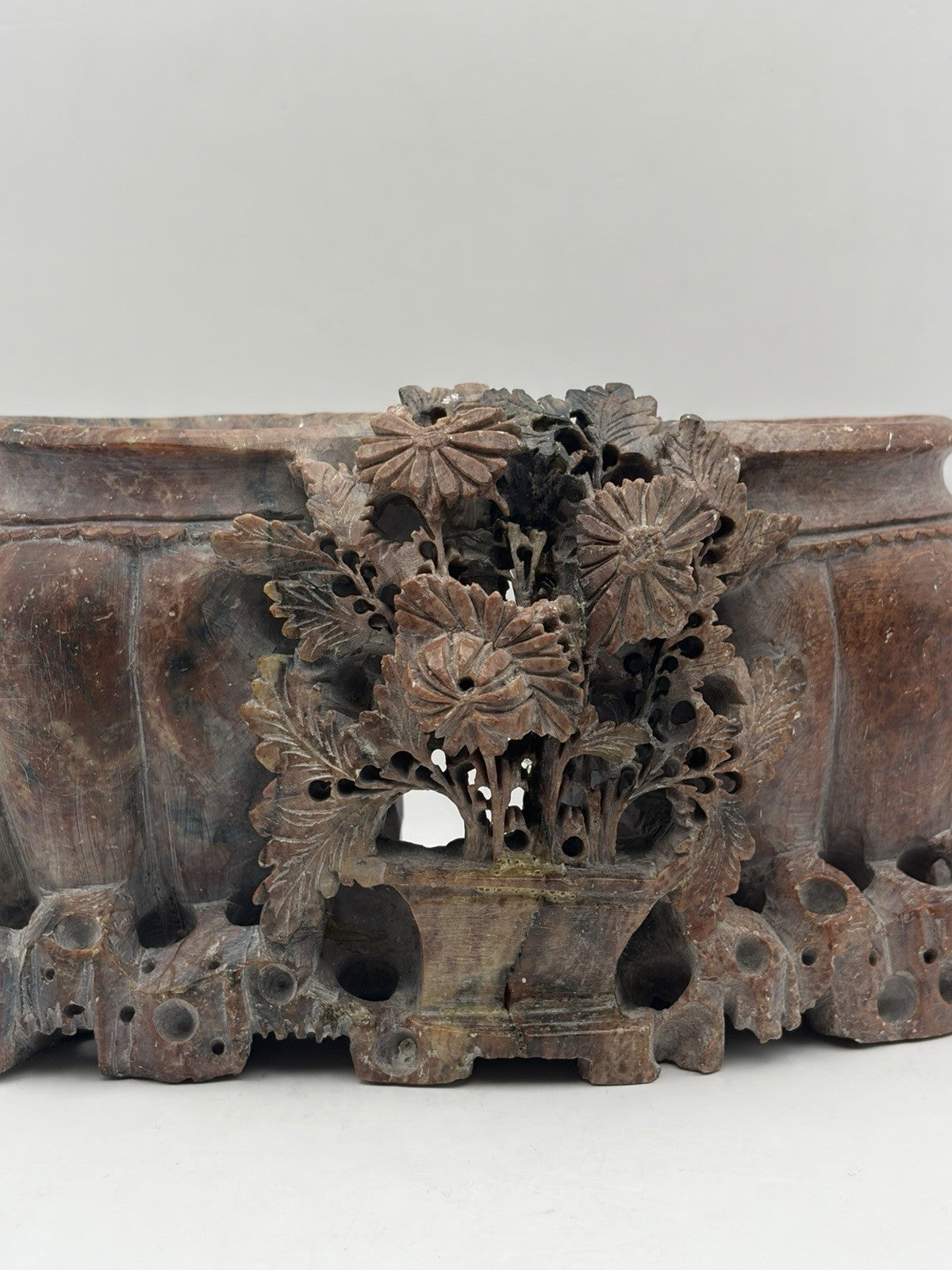 Vintage Chinese hand-carved soapstone double vessel and floral sculpture