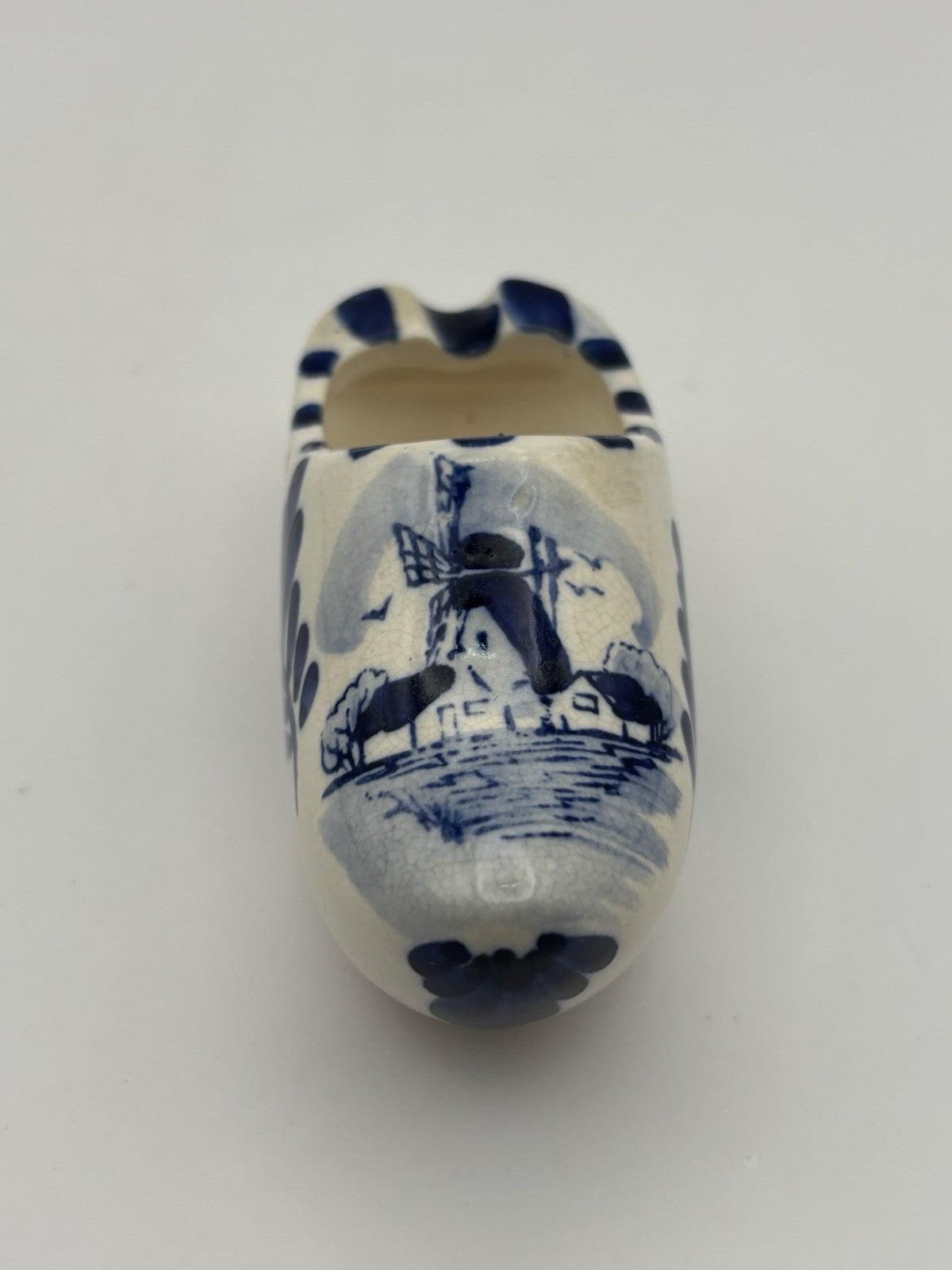 Vintage Dutch Delft Blue hand-painted ceramic clog ashtray windmill scene